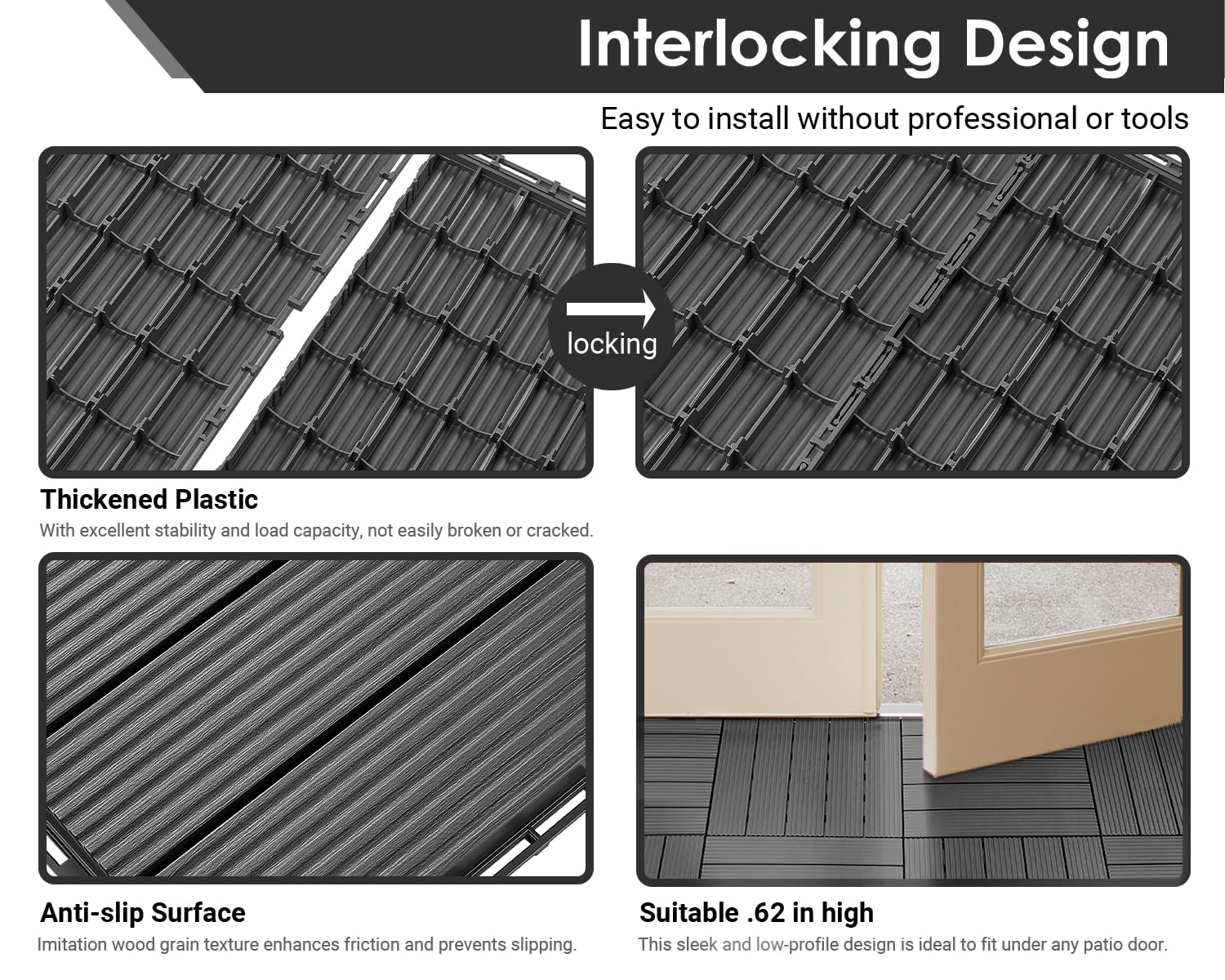 Detalle de PrimeZone 216-Piece Interlocking Patio Deck Tiles, 12 x 12-Inch Dark Gray