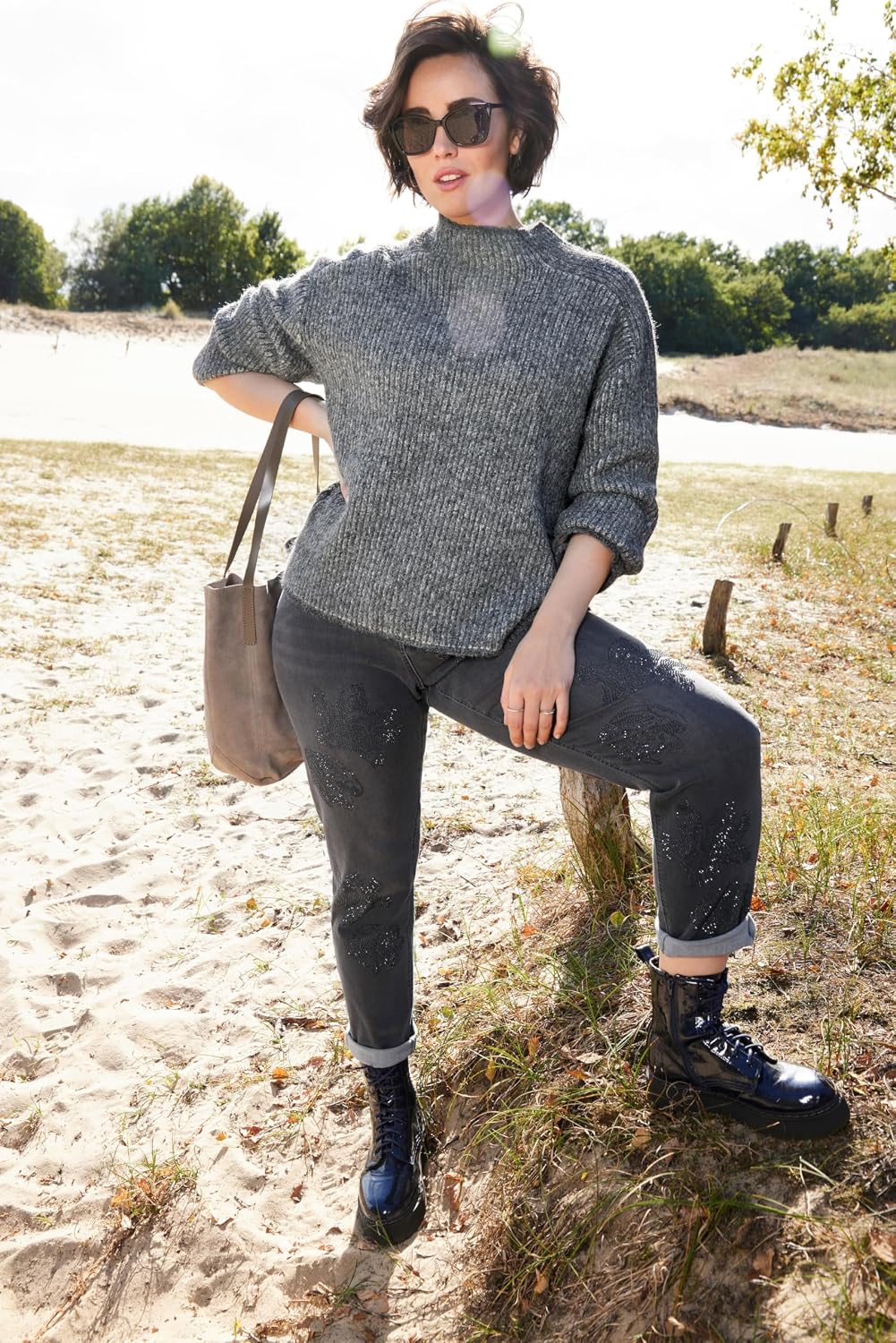 Detalle de Ulla Popken Femme Grandes Tailles Pull col montant à Rayures – Maille douce et coupe fluide