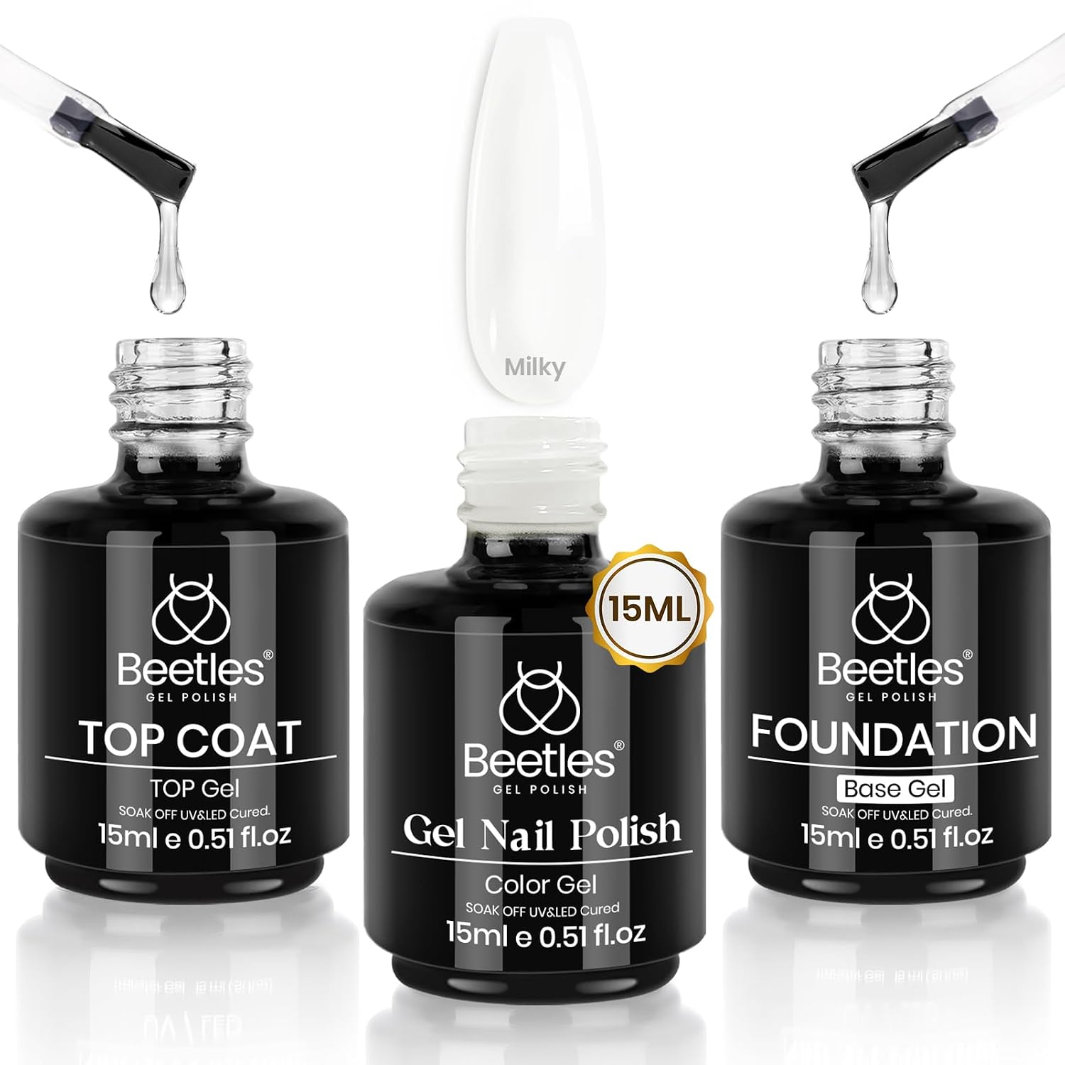 Detalle de Beetles TBM001 Milky White Gel Nail Polish Set with Base and No-Wipe Top Coat