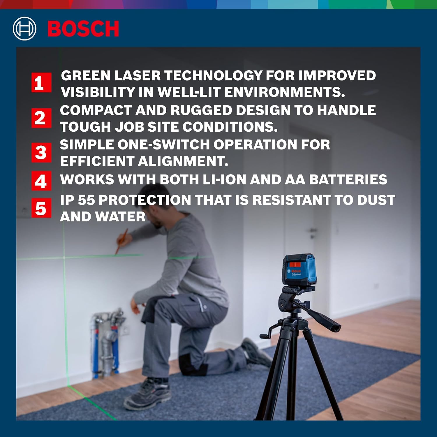 Detalle de BOSCH GLL50G クロスラインレーザー グリーンレーザー・自動補正・コンパクト設計