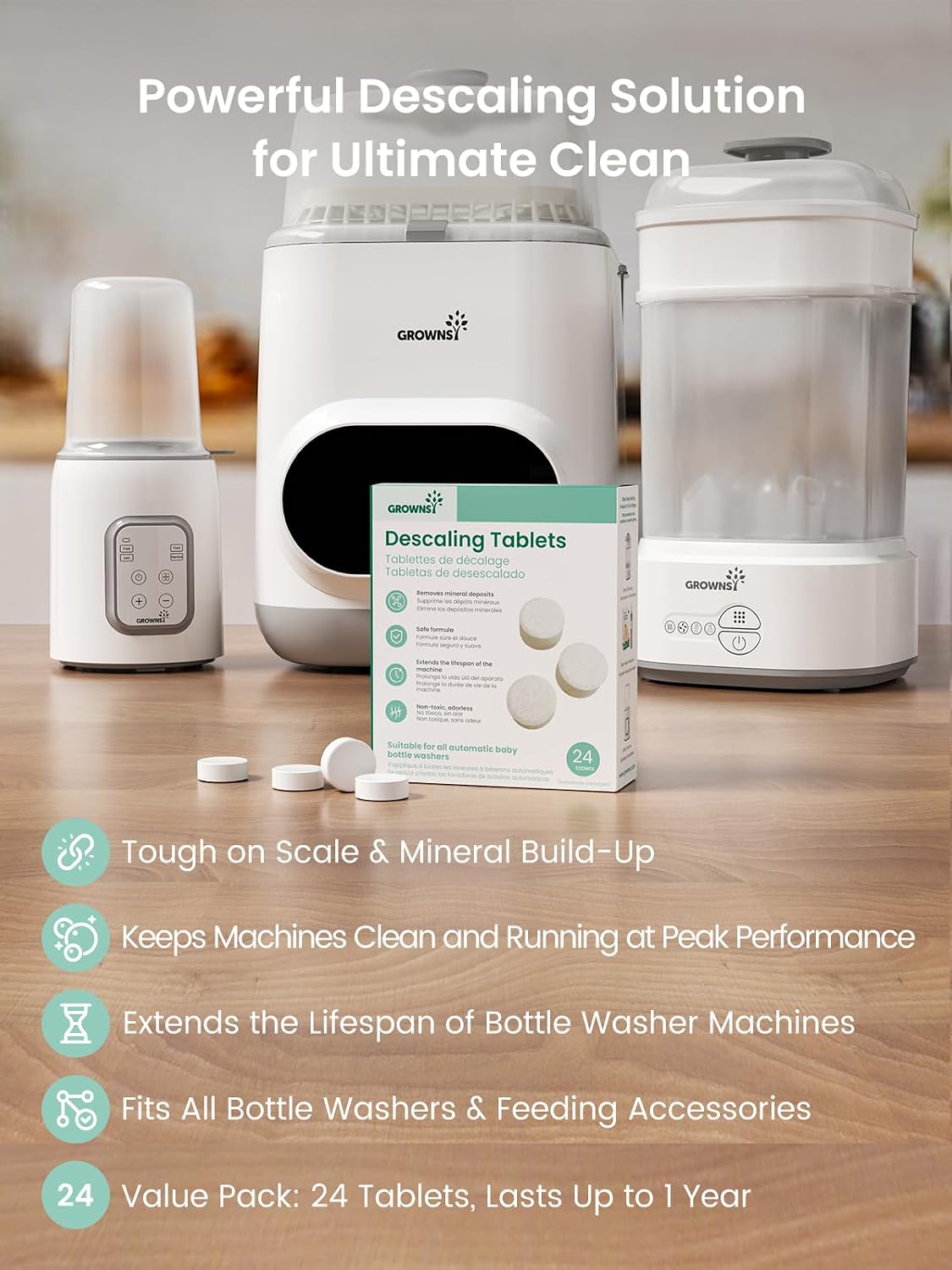 Detalle de GROWNSY Descaling Tablets, 24 Count, for Bottle Washers and Feeding Appliances