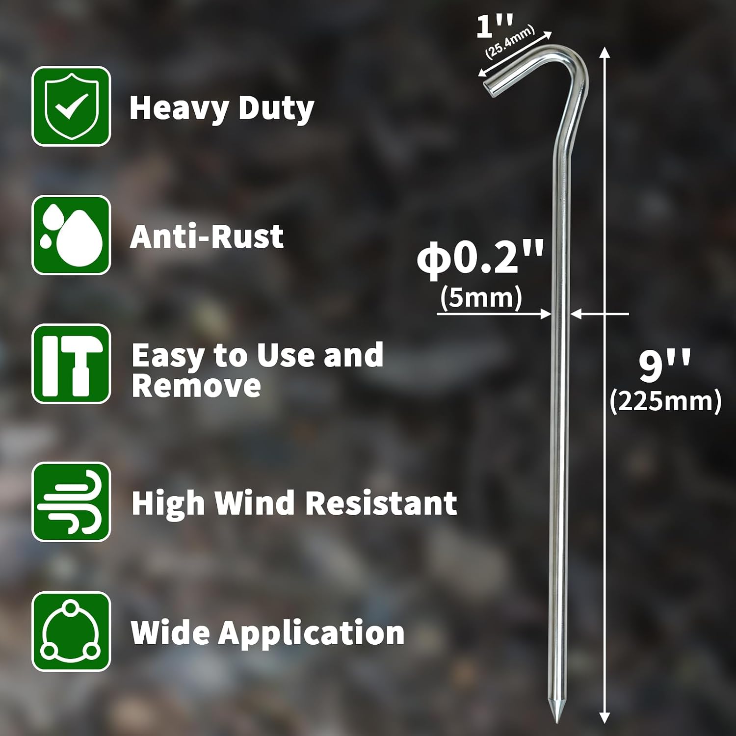 Detalle 2 de OK5STAR Heavy Duty Metal Tent Stakes, 9-Inch Galvanized Steel, 25-Pack