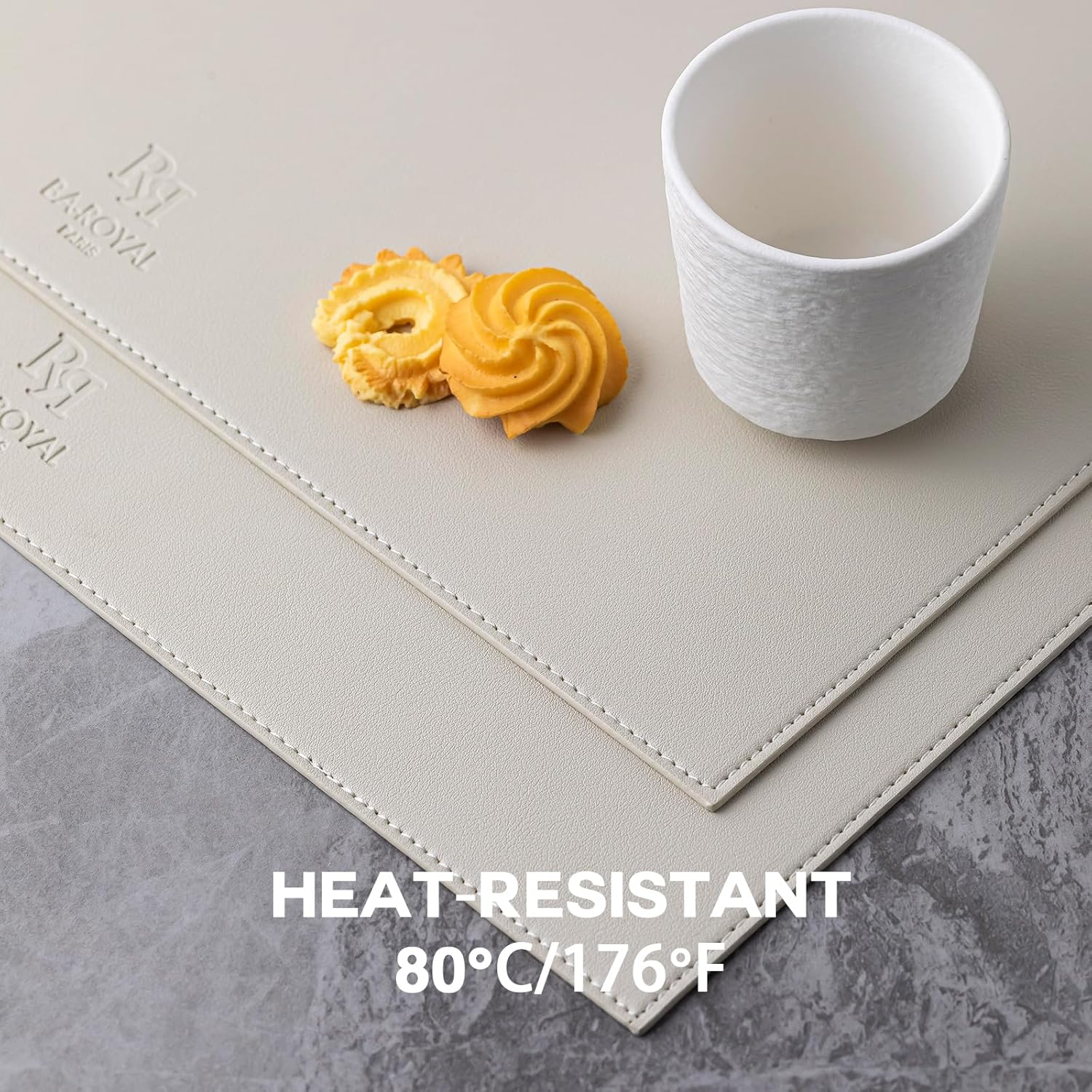 Detalle de Baroyal Faux Leather Placemats (Set of 6) — Vinyl Washable, Heat-Resistant Table Mats, Cream White