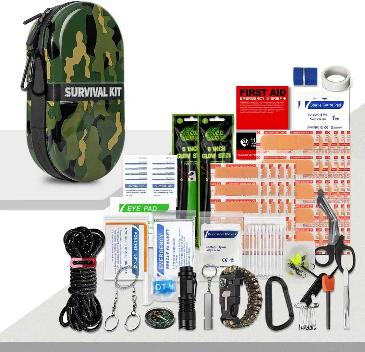 Survival Kit Waterproof PVC First Aid Kit (16 outdoor + 10 basic first aid accessories) – ideal for hiking, camping & emergency travel