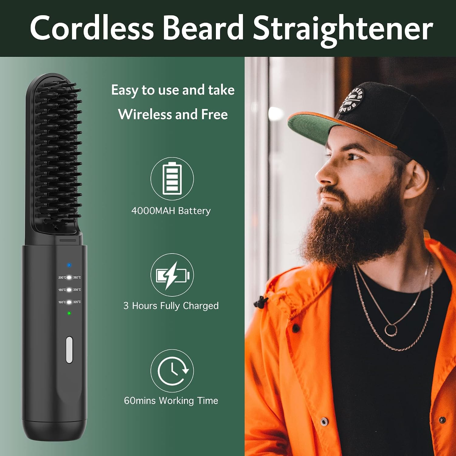 Detalle 2 de REHOYO KR017 Cordless Beard Straightener Brush, USB-C, 3 Heat Settings