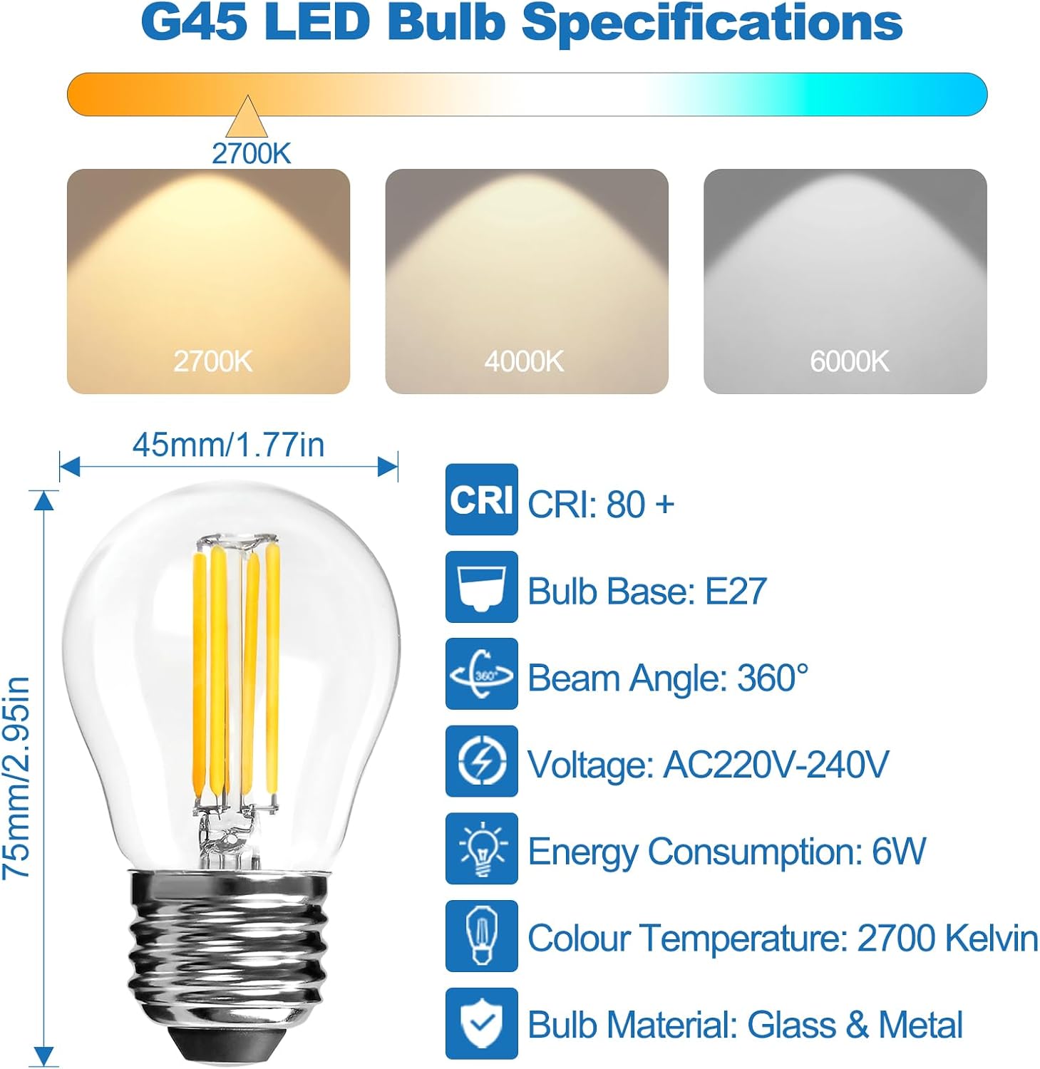 Detalle 2 de LangPlus+ 6W E27 LED Vintage 2700K G45 im 4er-Pack
