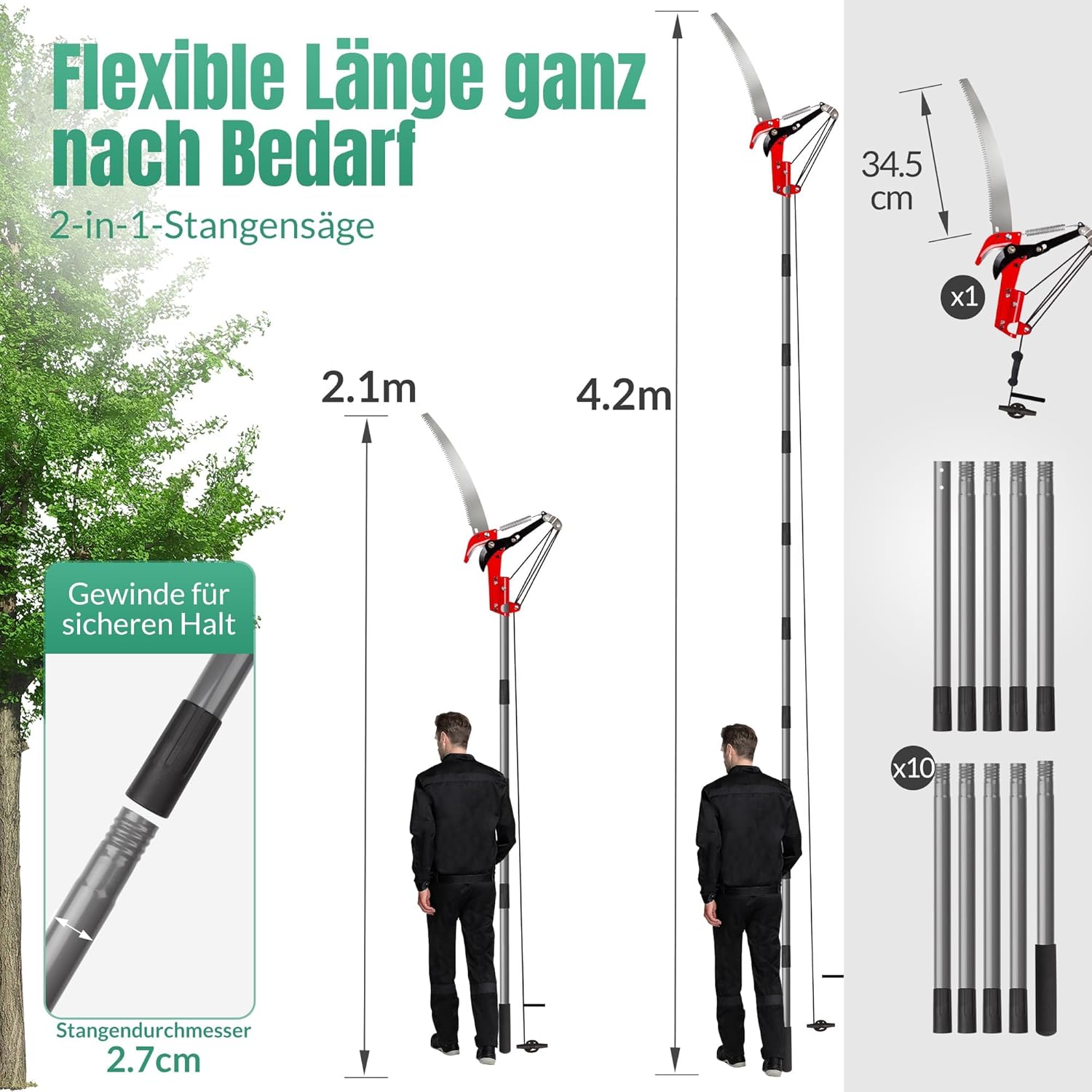 Thumbnail 2 de Walensee 2-in-1 Telescopic Tree Pruner & Saw (4.3 m) with 10-Piece Extendable Pole