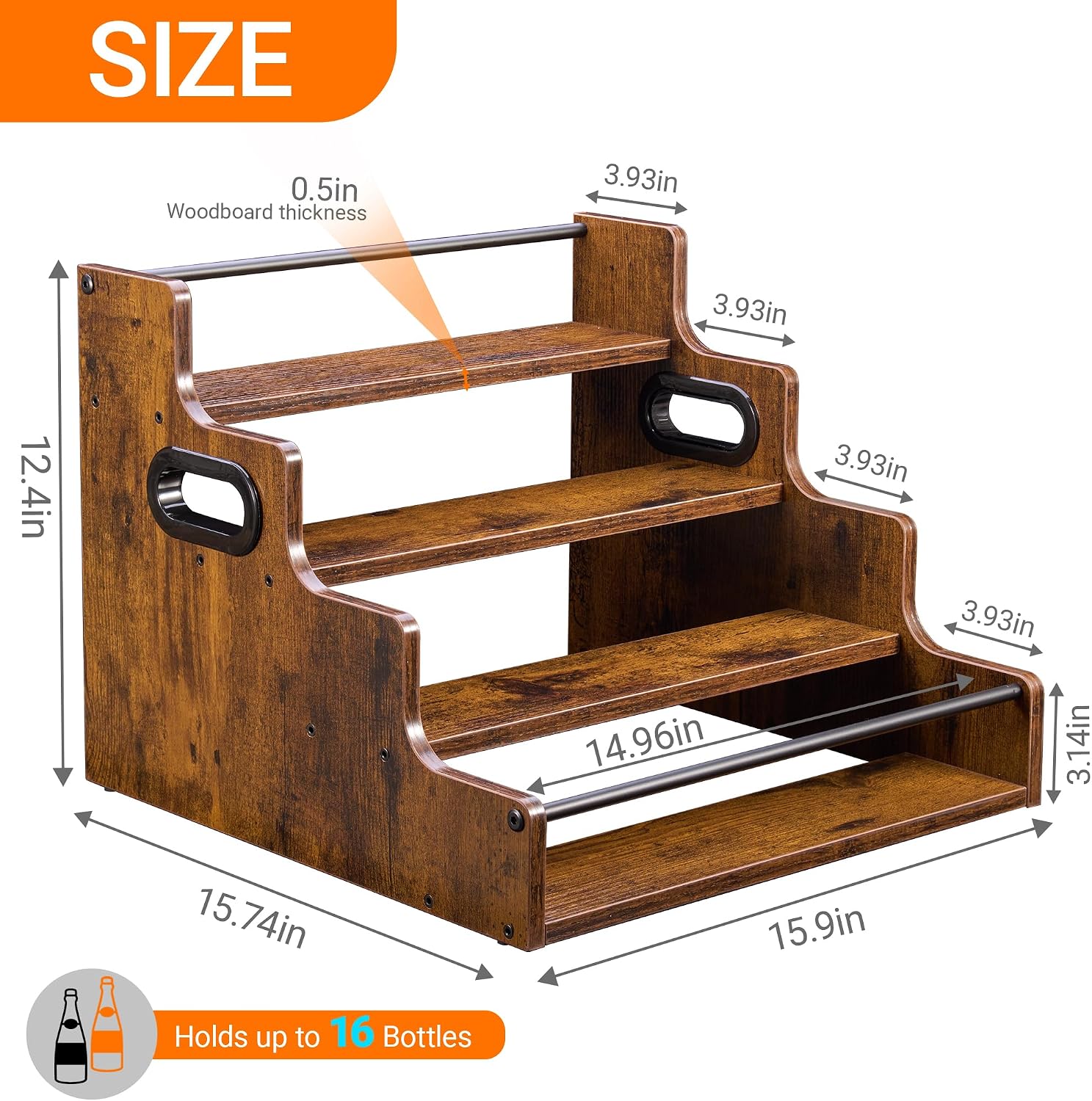Detalle de YQBRAO 2 Pack 4-Tier Liquor Bottle Display Shelves (16-Inch) in Rustic Brown