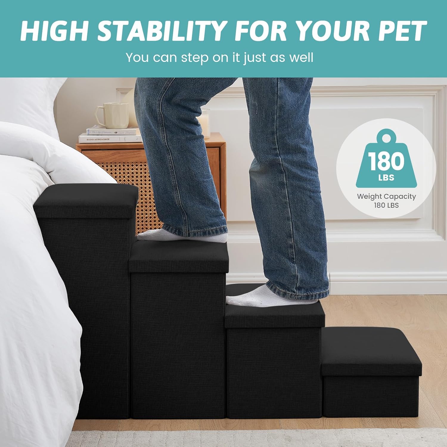 Detalle de COZY KISS Hundetreppe für Kleine Hunde mit Stauraum – faltbar, rutschfeste Stufen, 43x97x56 cm