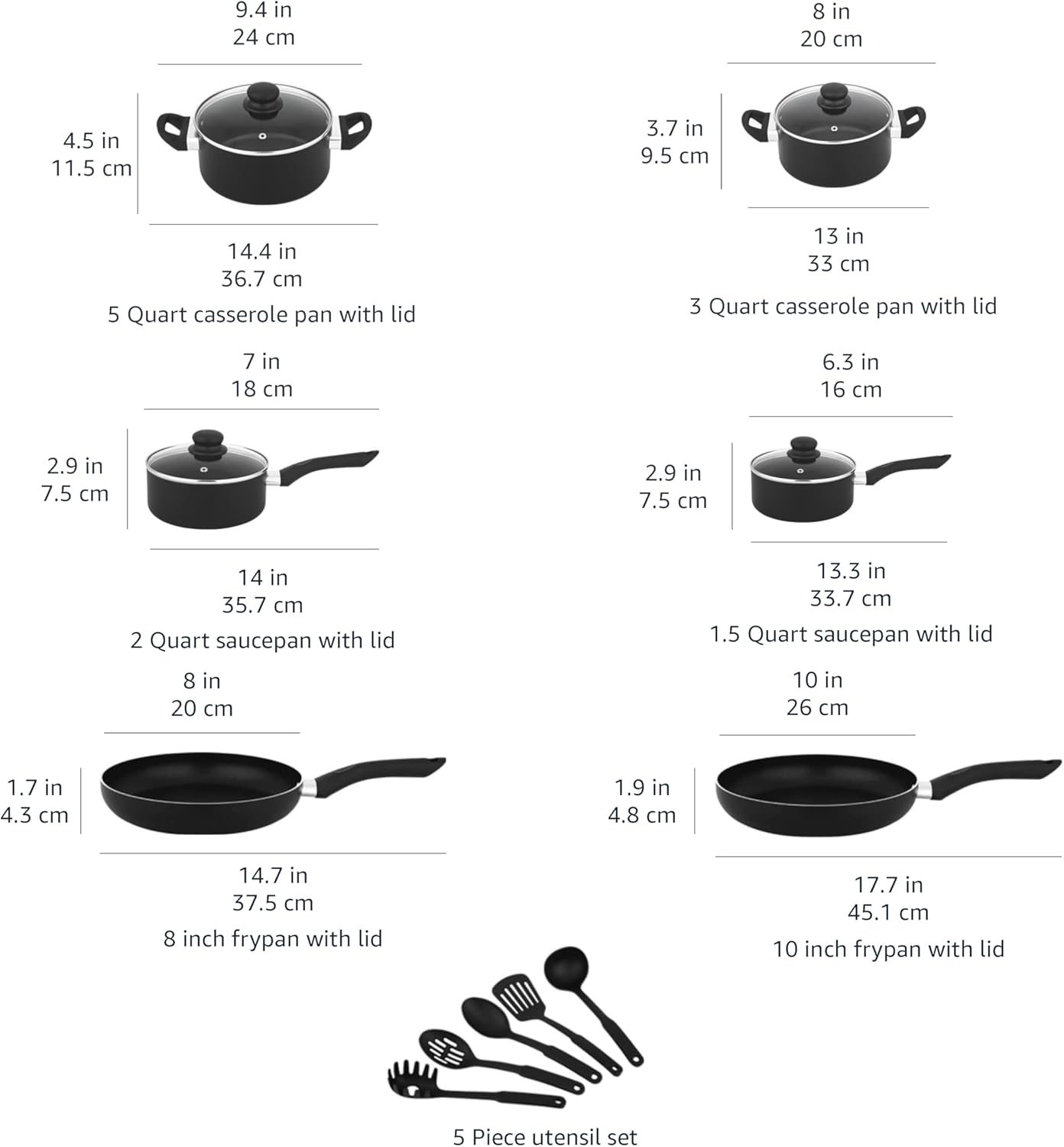 Detalle 2 de Amazon Basics 15-elementowy zestaw naczyń kuchennych z powłoką nieprzywierającą, czarny