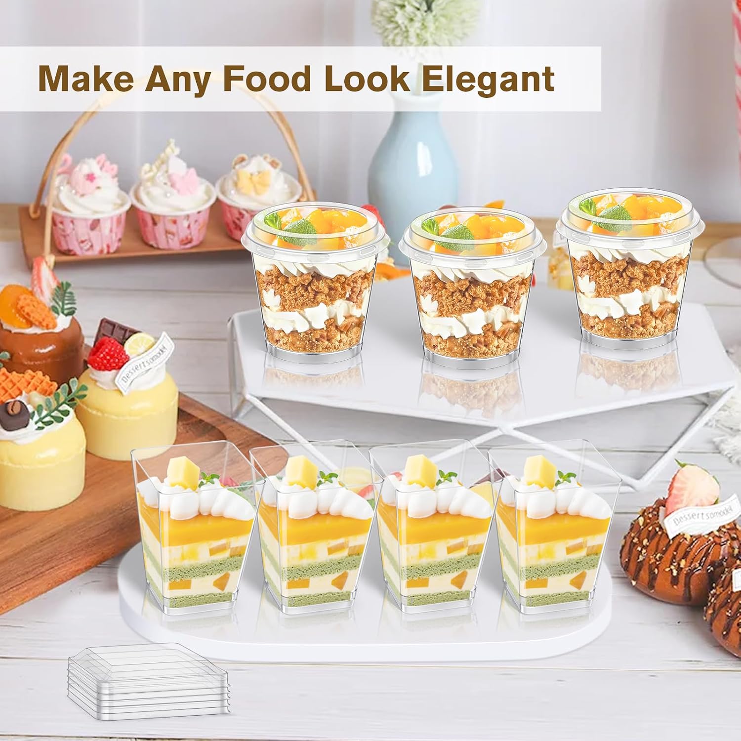 Detalle de DI QIU REN Clear Dessert Cups, 7 oz Round and 5 oz Square, with Lids & Spoons