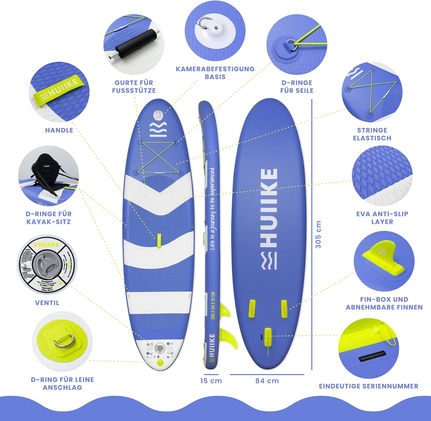 Thumbnail 1 de HUIIKE Stand-Up-Paddling-Board Full Pack (aufblasbar) inkl. Zubehör, Paddel, Finnen, Pumpe – 305 x 84 x 15 cm, bis 130 kg