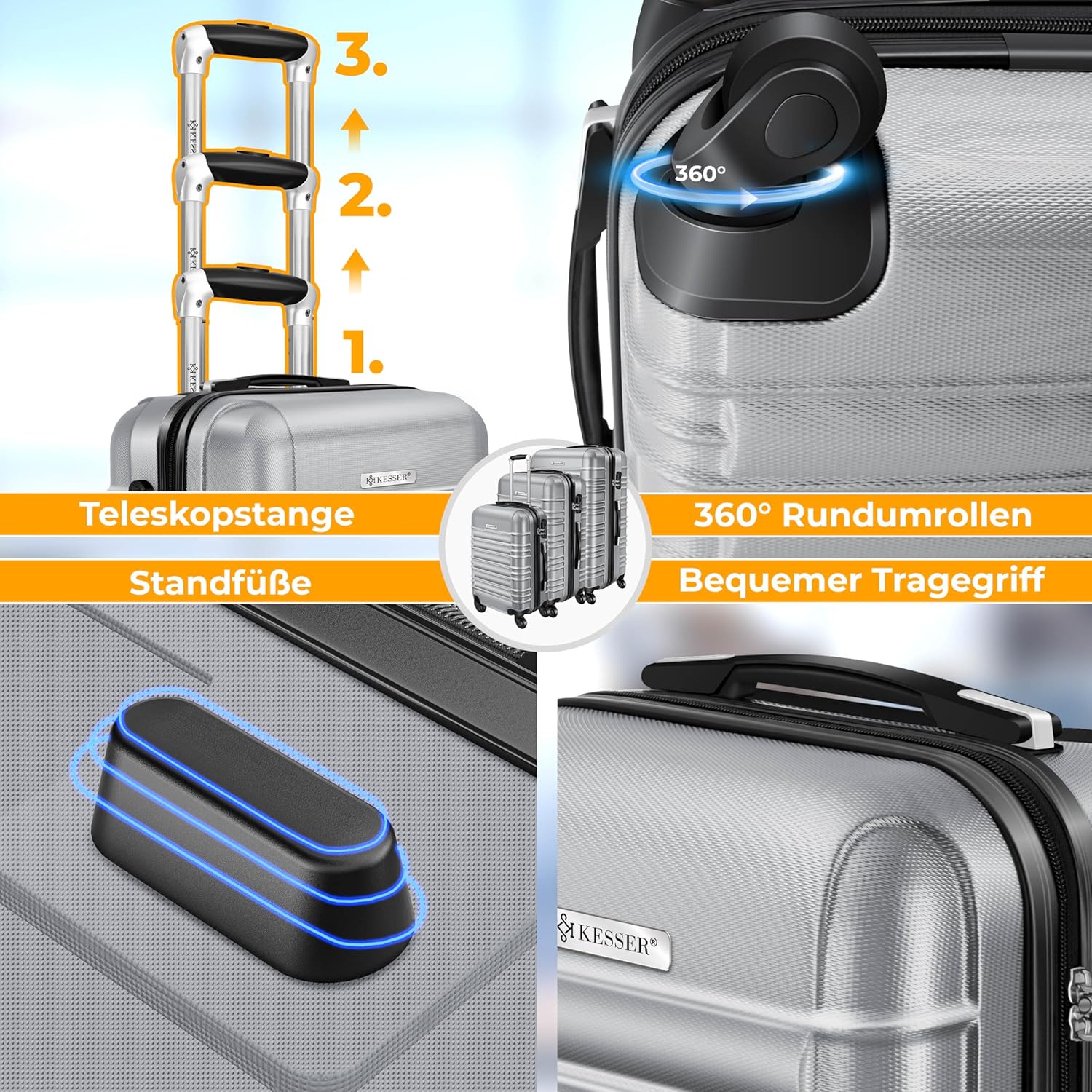 Detalle de KESSER 3tlg. Hartschalenkofferset – ABS-Hartschale, M-L-XL mit Kofferwaage, Gepäckanhänger und TSA-Schlösser