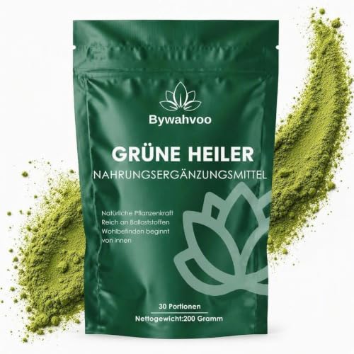 Detalle de Grüne Entgiftungspulver – Bywahvoo, 200 g – Matcha, Gerstengras, Spirulina & Heidelbeere