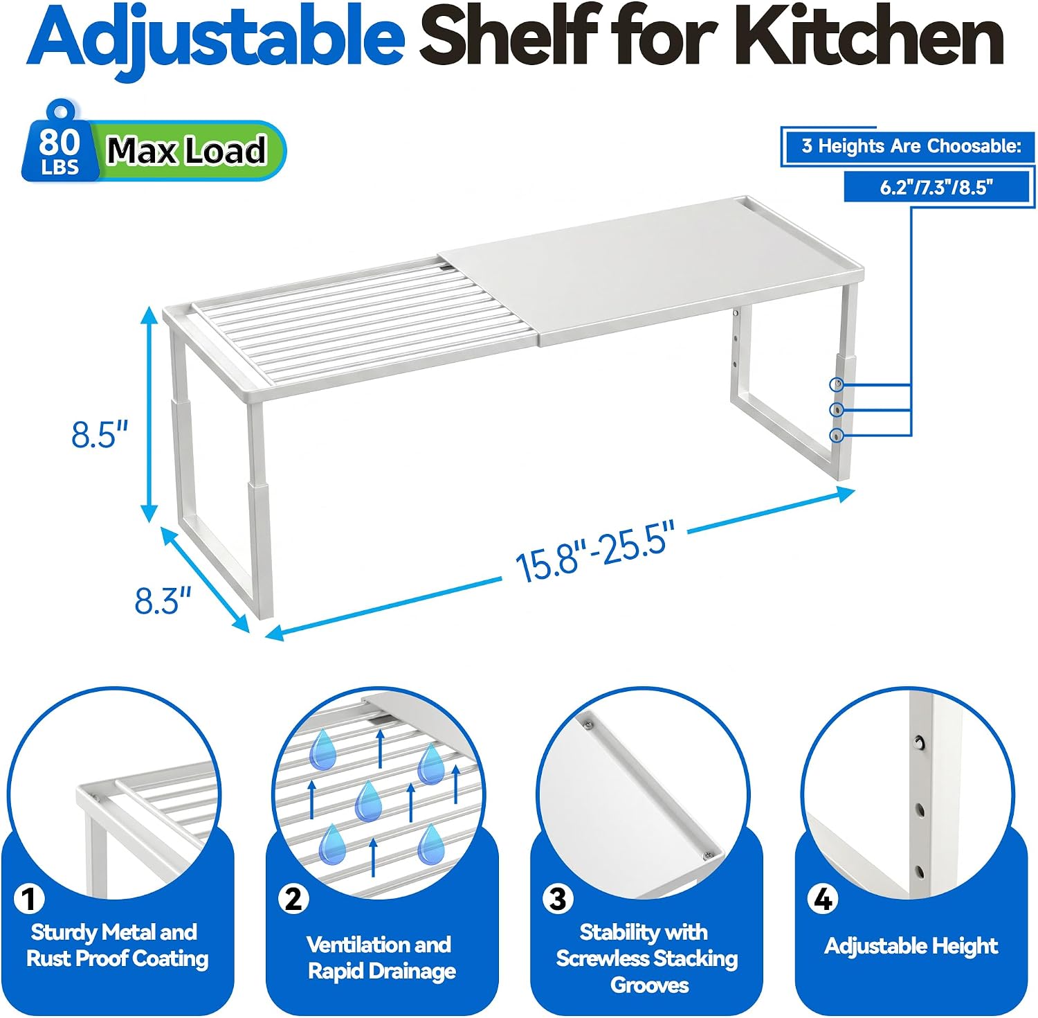 Thumbnail 6 de Roidsed 1234-1 Expandable Cabinet Shelf Organizer, Stackable White Metal Rack