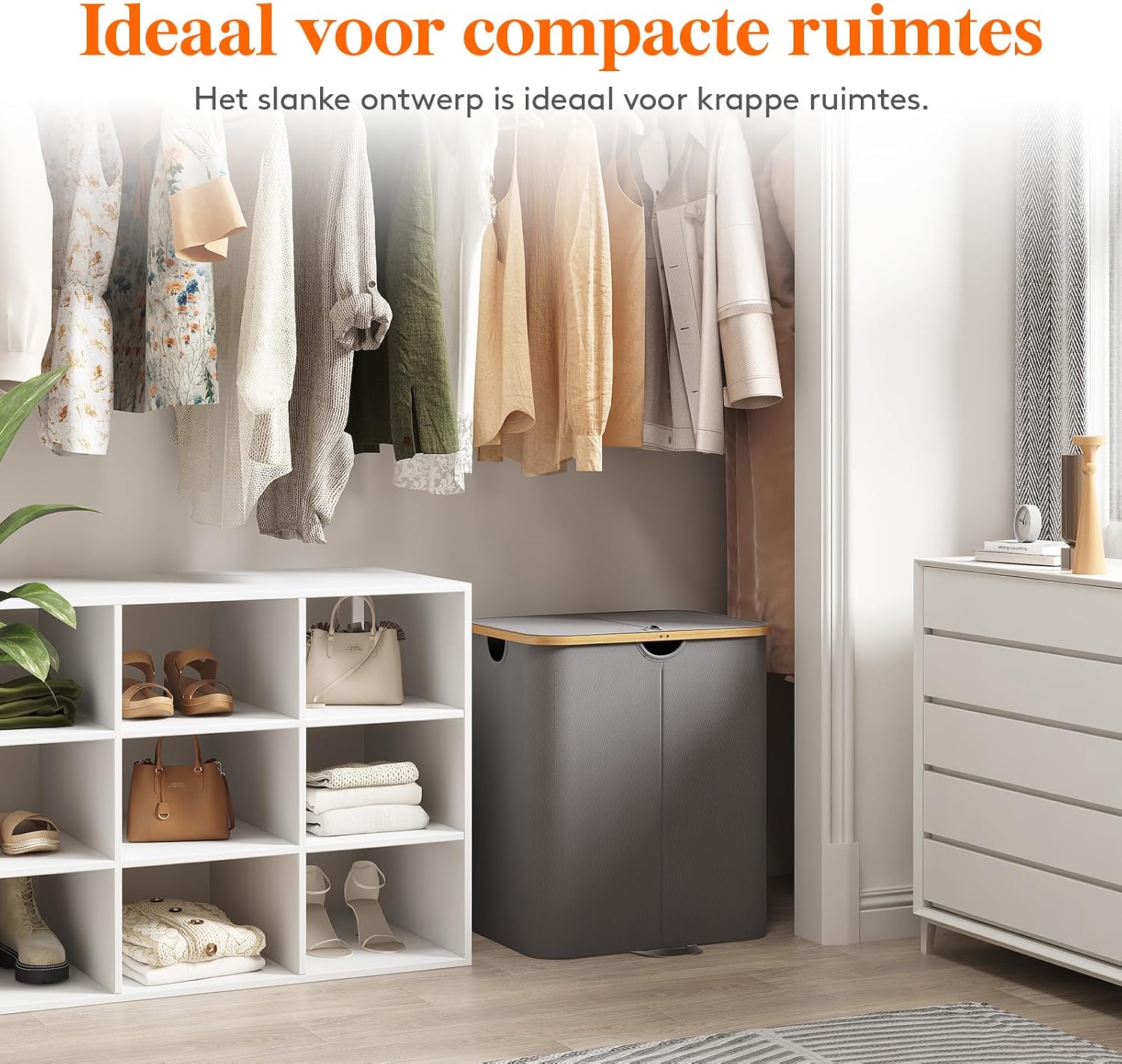 Detalle de Lifewit wasmand 120 L met deksel, 2 vakken en uitneembare waszakken