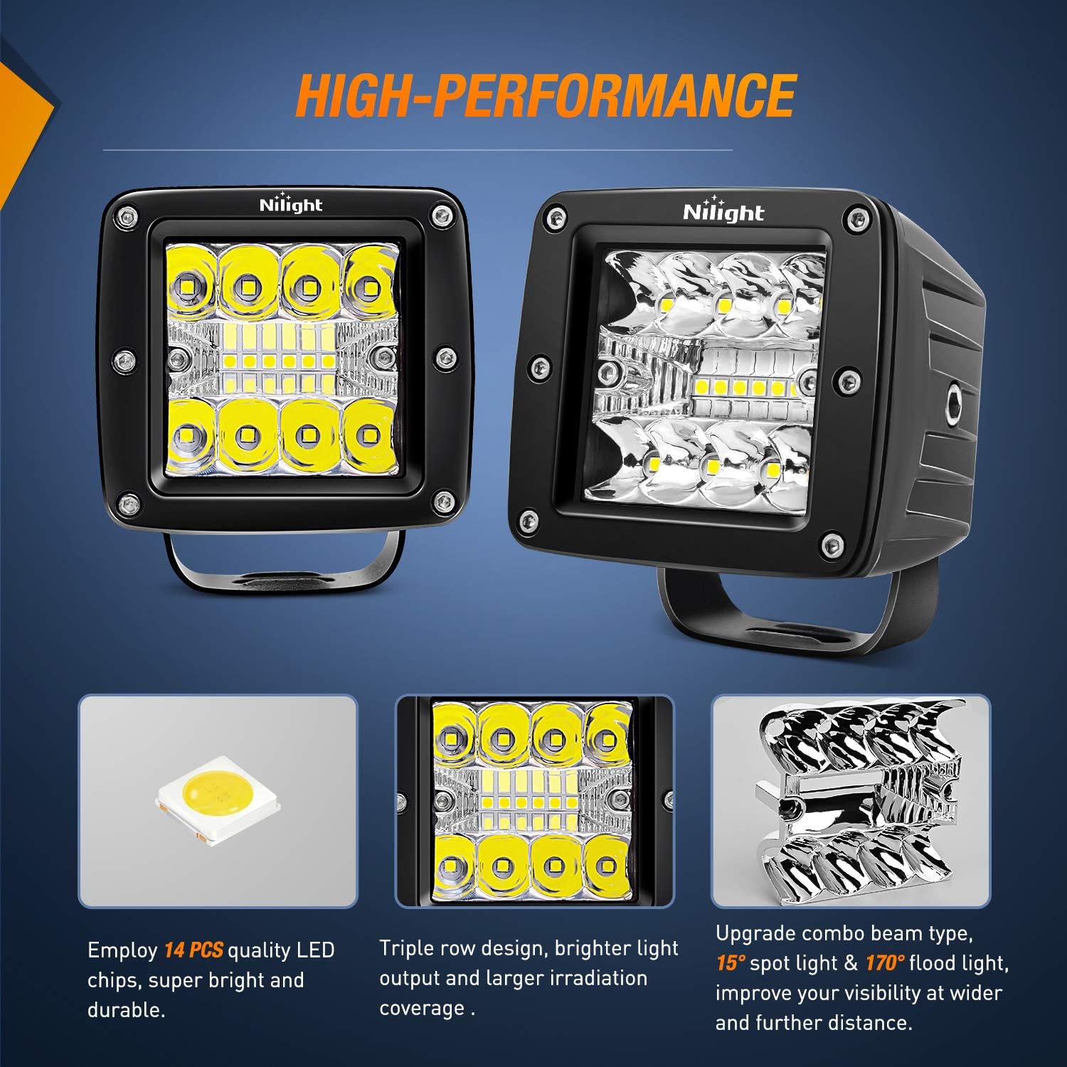 Detalle de Nilight 3-Inch LED Pods (2-Pack) 42W Spot/Flood Combo for Trucks, SUVs, and Off-Road