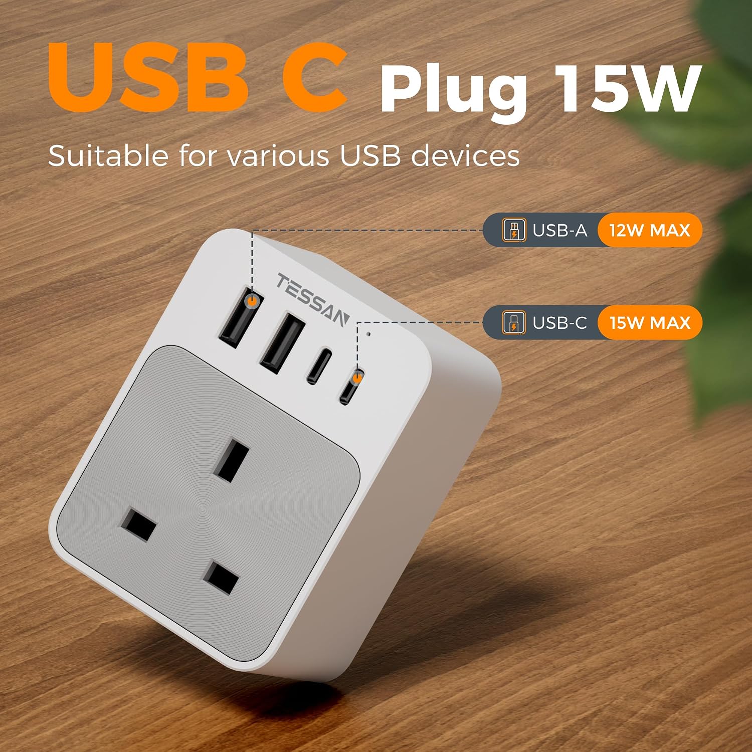 Detalle 2 de TESSAN USB C Plug Adaptor UK 3250W multi-plug socket 🔌