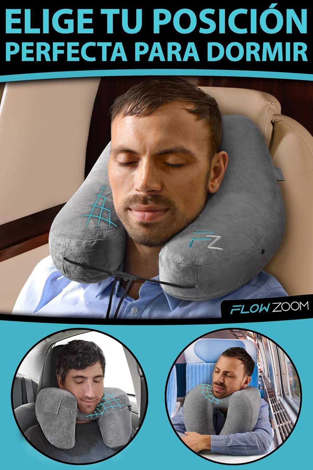 Detalle de FLOWZOOM Almohada de Viaje Hinchable – Cojín de Cuello con Capucha