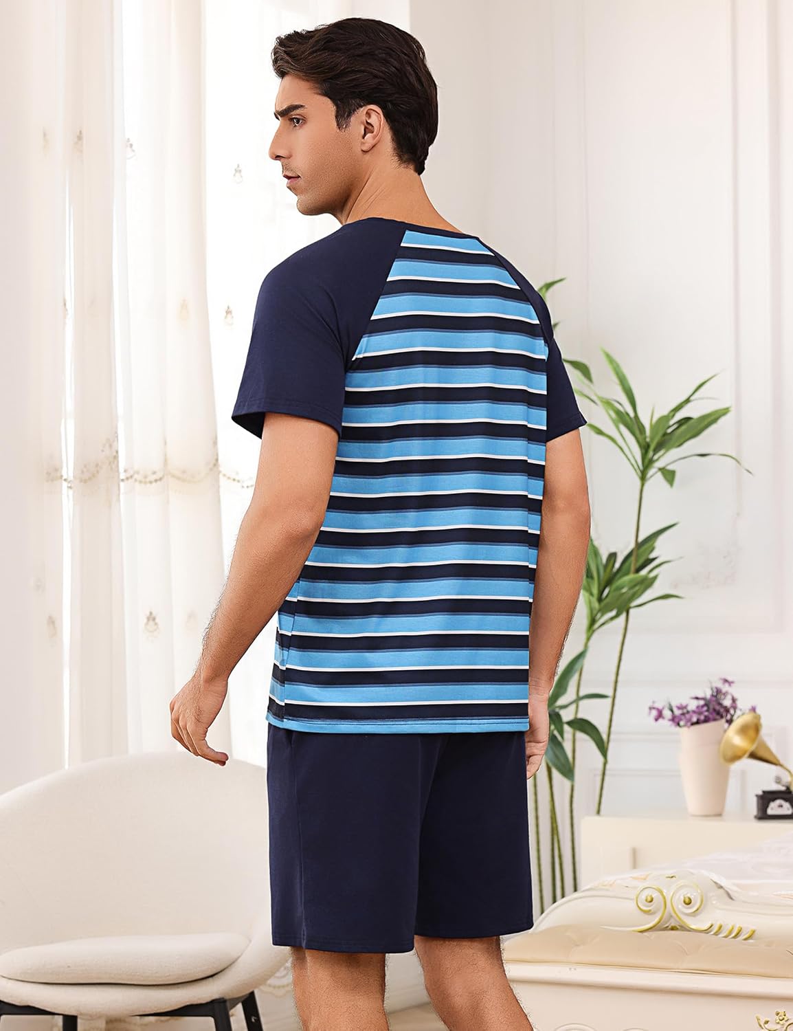 Detalle de Ensemble de pyjama homme court en coton à rayures Bresdk (S–3XL)