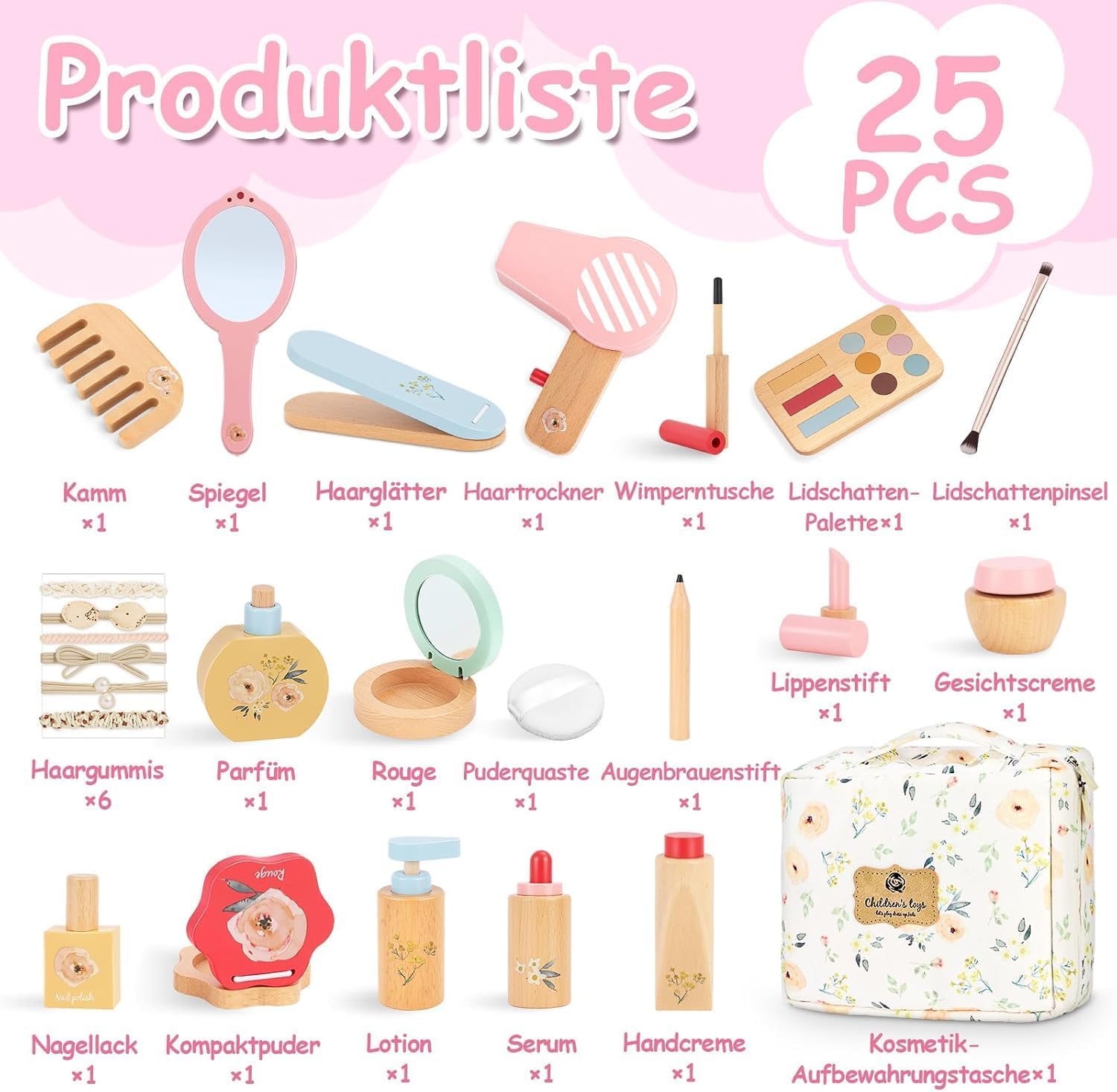 Thumbnail 1 de Herefun Set Trucchi Bambina in Legno Finti, 25 Pezzi: trucco, parrucchiere e cura della pelle in un unico kit educativo