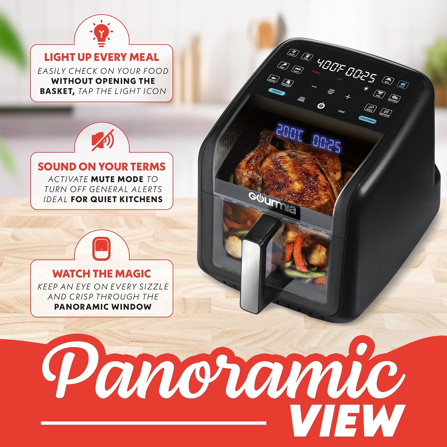 Detalle 1 de Gourmia 7 Qt Air Fryer with Easy View Panorama Window, Interior Light, and Guided 12 Presets