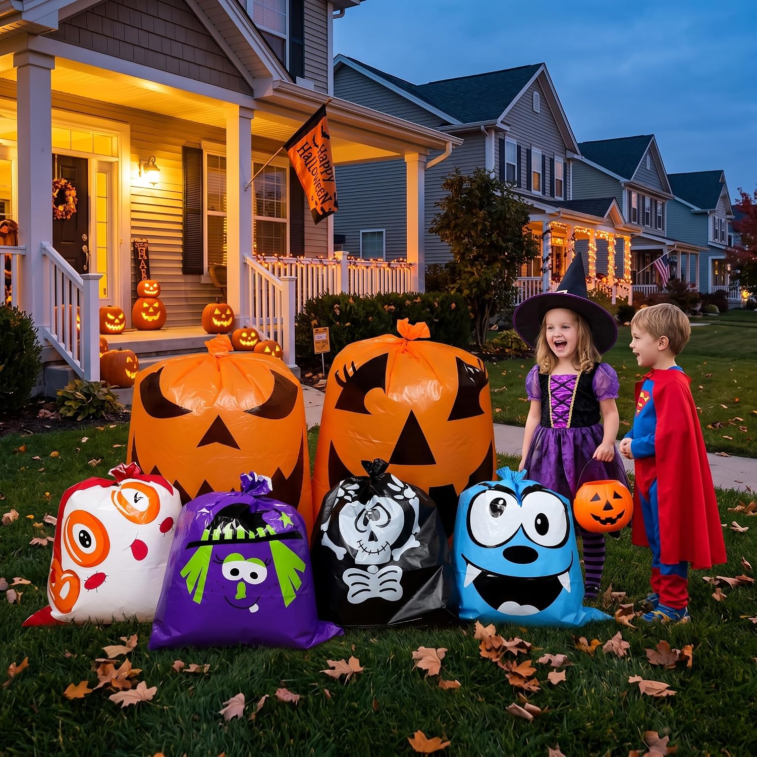 Detalle 1 de HOIIOH 12 Halloween Leaf Lawn Bags, Reusable Plastic, 2 Sizes