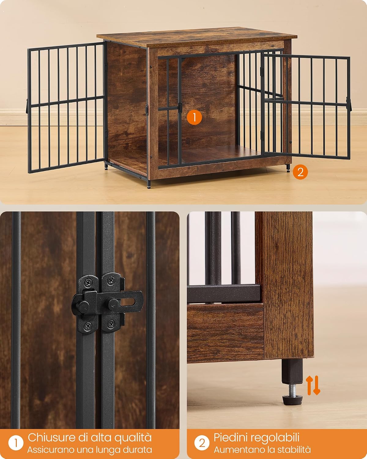 Detalle 2 de Feandrea Mobile Gabbia per Cani 2 in1, 80 x 55 x 64 cm, Marrone Vintage – Gabbia da interno con base chiusa e due porte