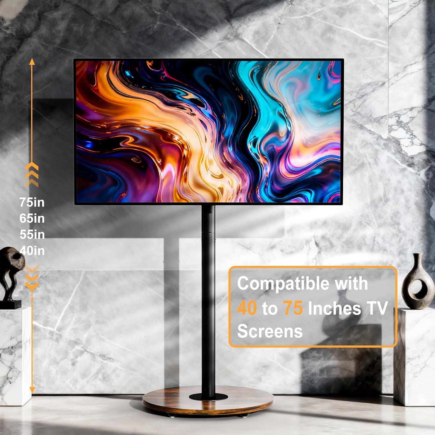 Detalle 2 de unho Floor TV Stand with Wheels & Adjustable Height – VESA 600x400 for 40–75 inch TVs, black