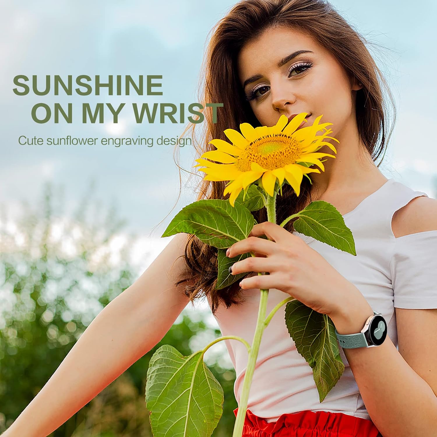Thumbnail 1 de Mastten Sunflowers engraved silicone strap for Samsung Galaxy Watch 7/6/5/4 (20mm) in Pine