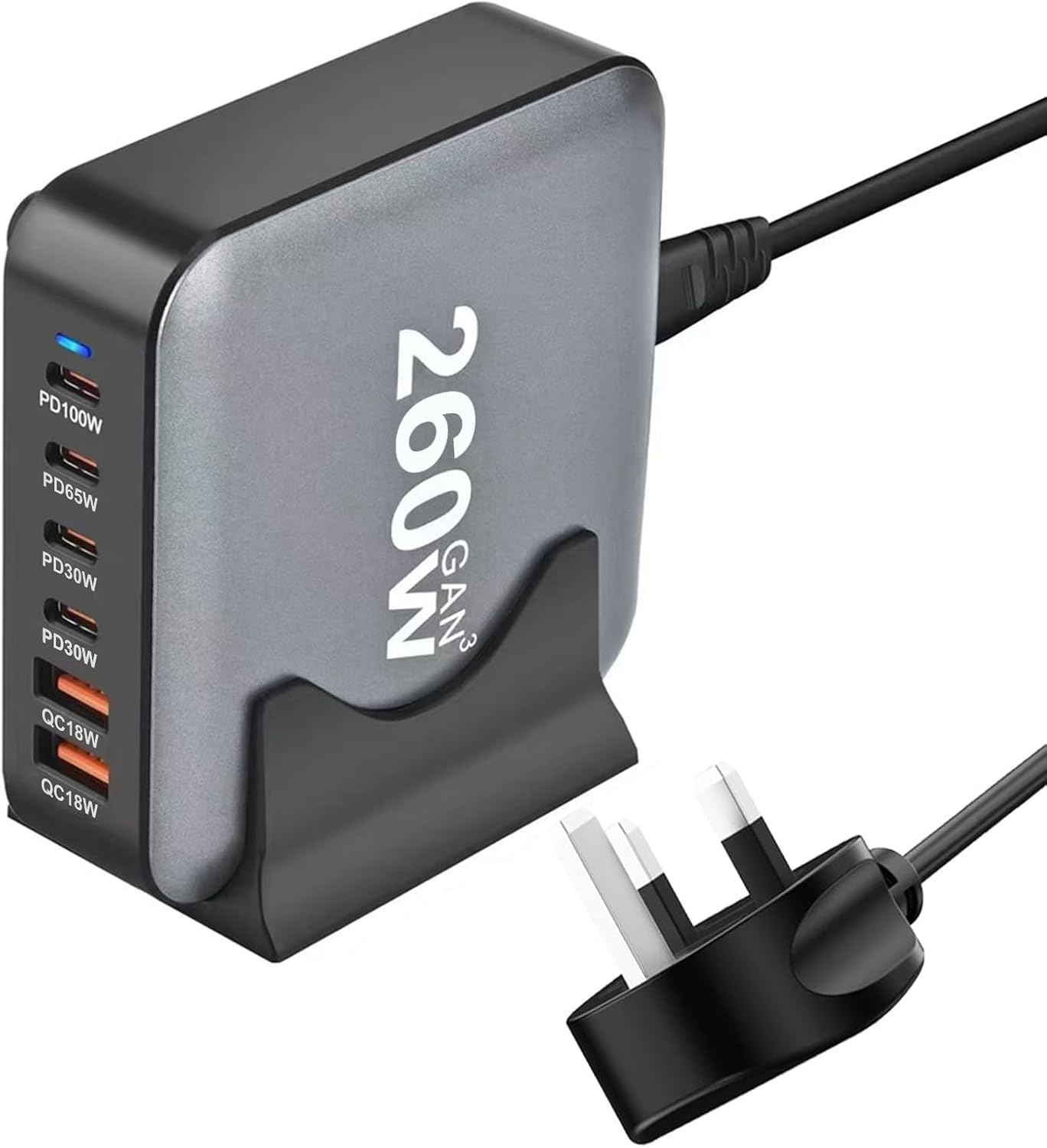 Detalle de WOSUK GaN III 260W 6-Port USB-C Charger Station (QC4.0, PD 100W) for Laptop, Phone & Tablet