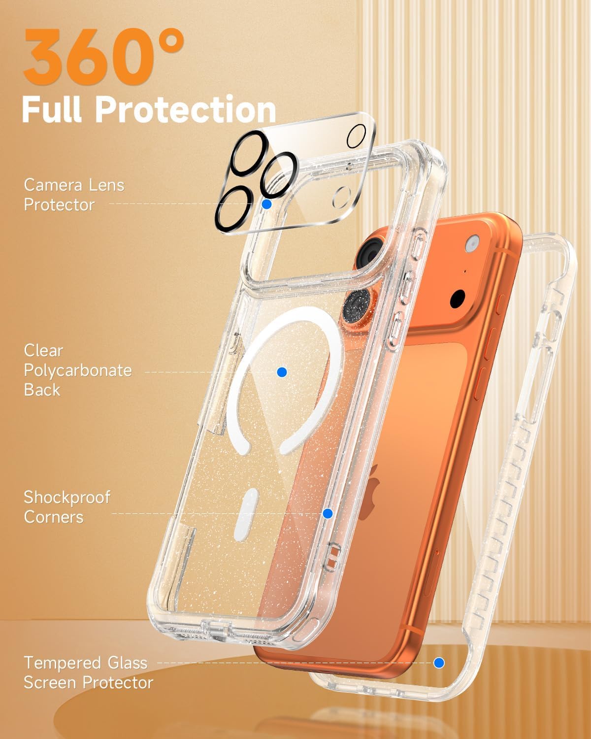 Thumbnail 1 de seacosmo Magnetic for iPhone 17 Pro Max Case with Built-in 9H Tempered Glass, MagSafe Compatible, Full-Body Shockproof, Clear Glitter