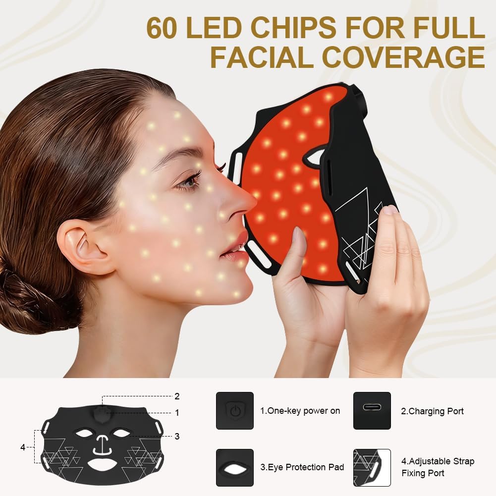 Detalle de Vicloon Maschera LED per Terapia Della Luce Rossa: 7 colori, 60 perle e batteria integrata per viso e collo