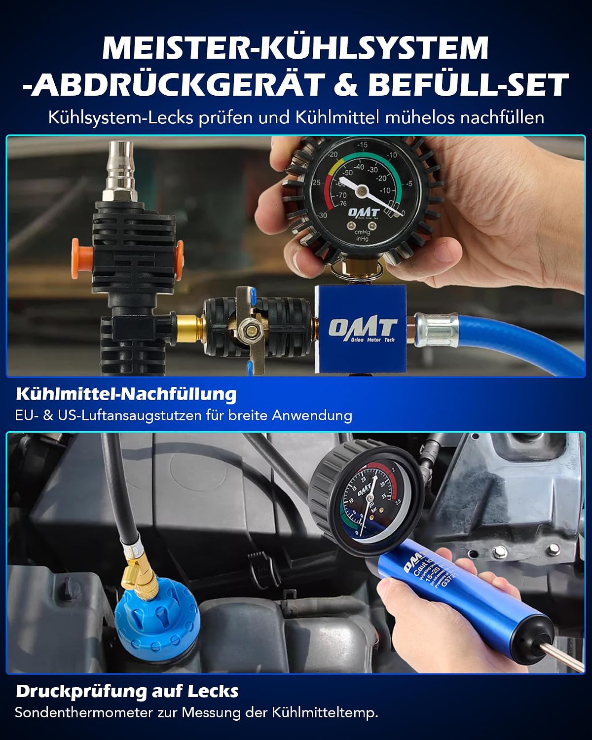 Detalle de Orion Motor Tech Kühlsystem Abdrückgerät Set, 31-tlg. Master Kühlmittel-Vakuum Befüllgerät