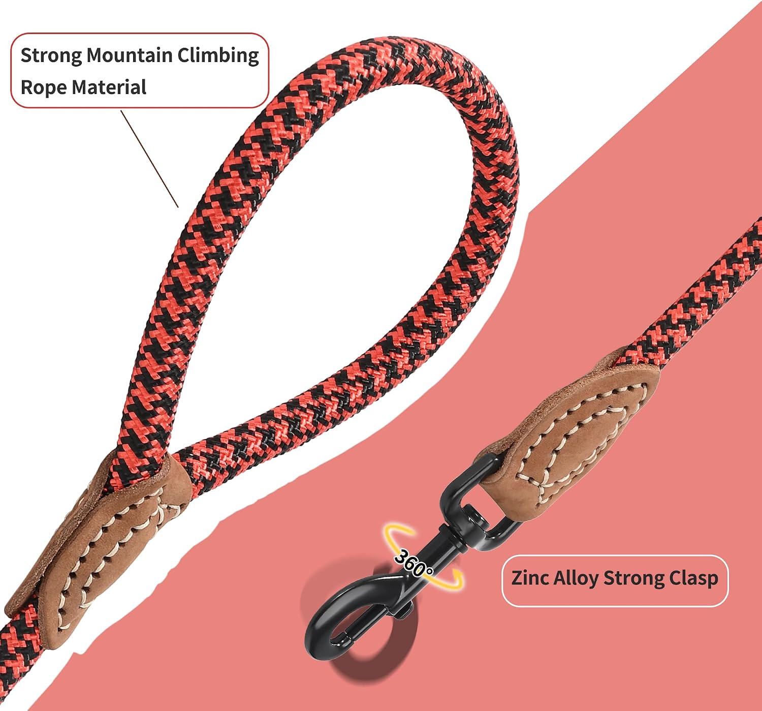 Detalle de Mile High Life Rope Leash with Genuine Leather Connection — 4 ft / 5 ft / 6 ft, Heavy‑Duty Lead for Medium & Large Dogs