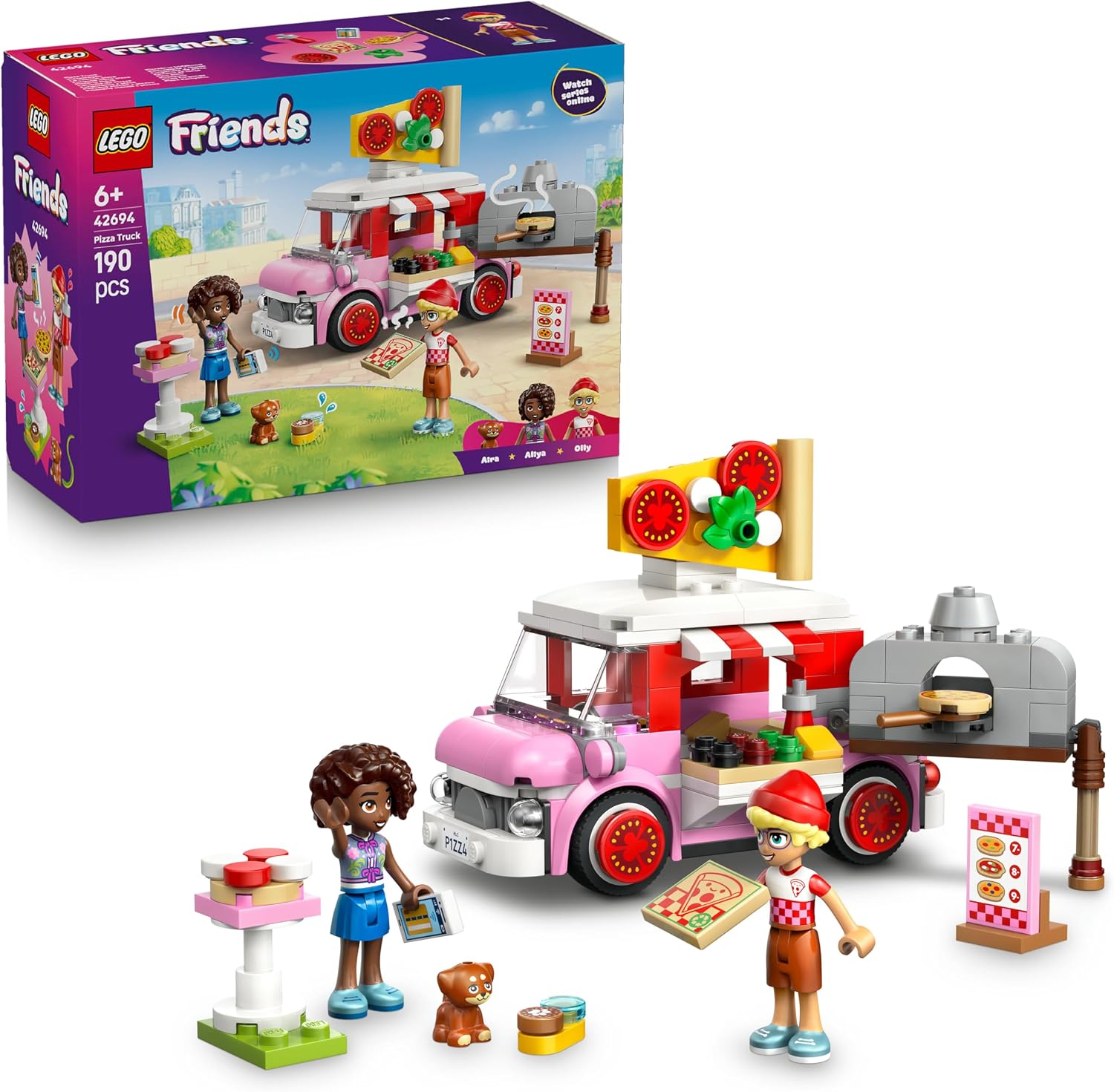 Detalle de LEGO Friends Pizzawagen 42694 – Spielset mit 2 Minifiguren, Hundefigur und Pizza-Zubehör