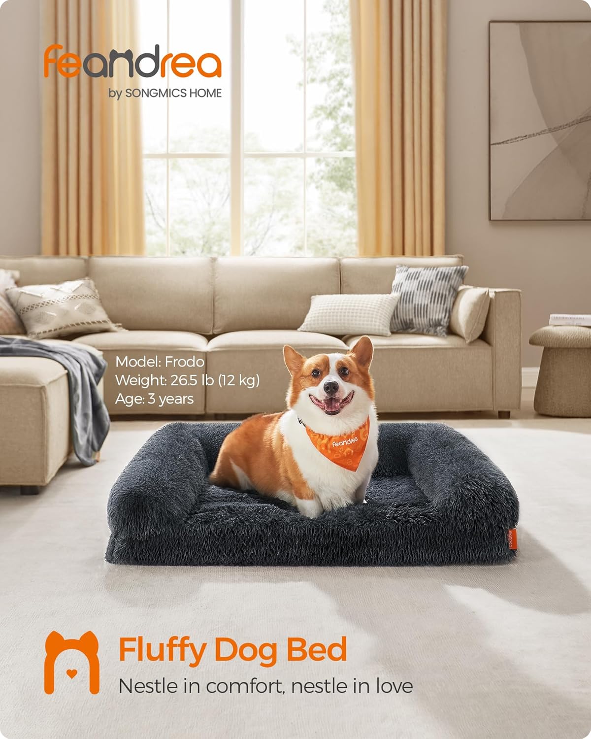 Detalle de Feandrea FluffyHug Large Dog Bed with Egg Crate Foam and Removable Cover