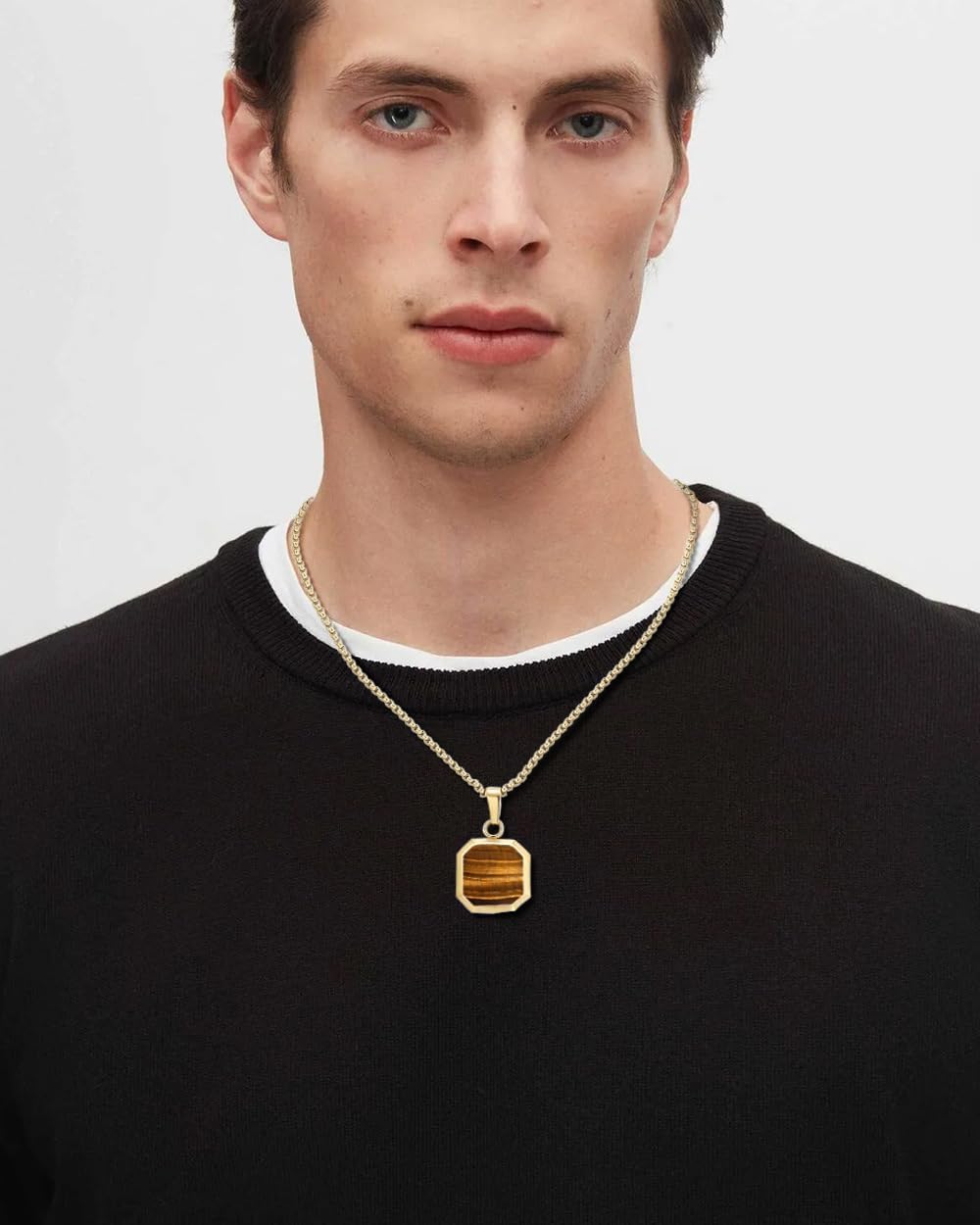 Detalle de TUNGSTORY Edelstahl vergoldete Halskette mit schwarzem Onyx – 45 + 6 cm, Unisex mit Anhängern