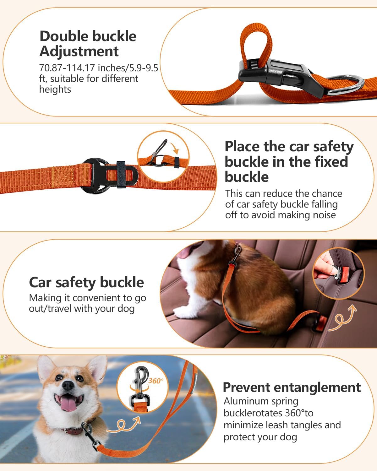 Detalle de WANFIRE Freihändige Hundeleine – robuste, verstellbare Lange Leine mit reflektierendem Design (Orange)