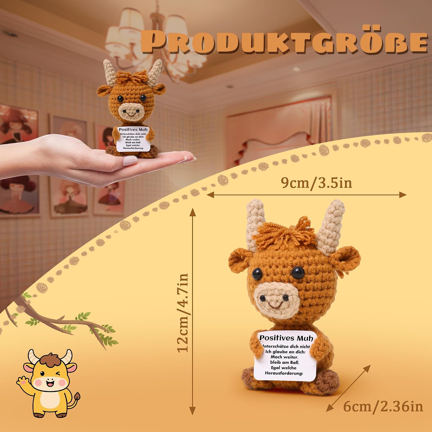 Thumbnail 3 de Gehäkelte Highland Cow Kuh Mini-Strickpuppe mit positiver Energie Karte – Mini-Kuscheltier für Stressabbau
