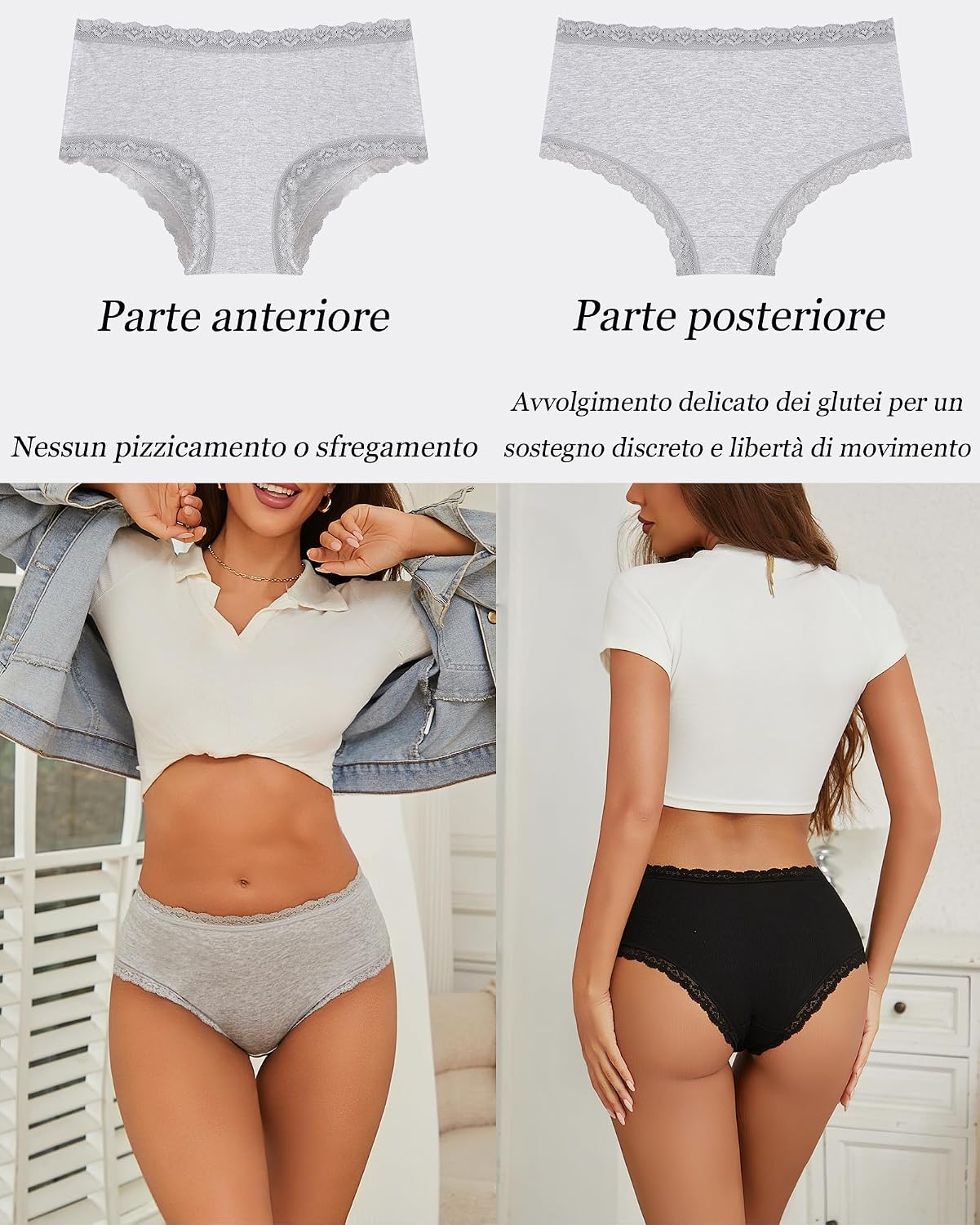 Detalle 2 de ALL OF SHE confezione da 6 mutande donna in cotone (slip brasiliana in pizzo), vita media, traspiranti S-XXL