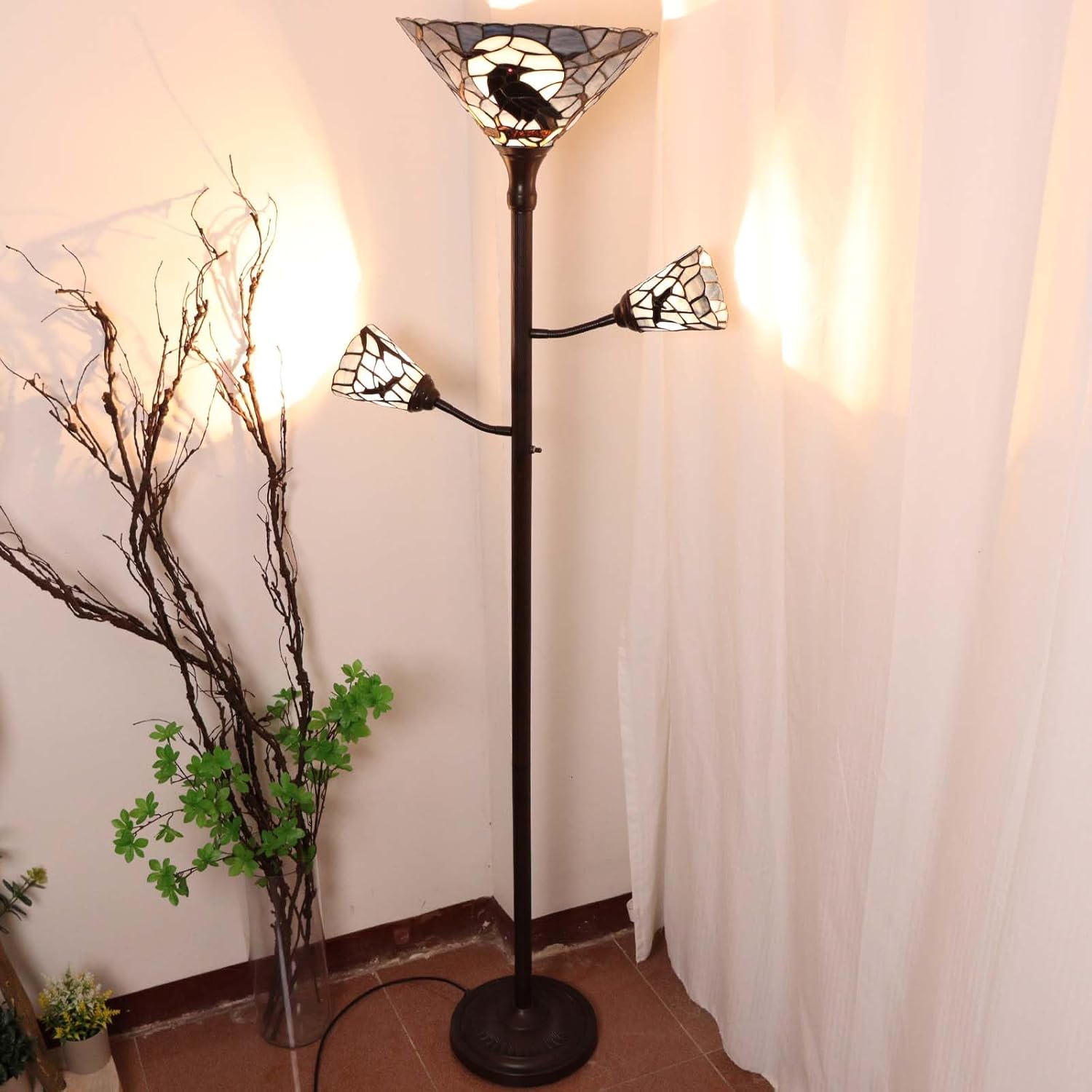 Thumbnail 5 de Bieye L50957 Tiffany-style stained glass 3-light torchiere floor lamp with adjustable reading lights (Dark Blue, Crow)