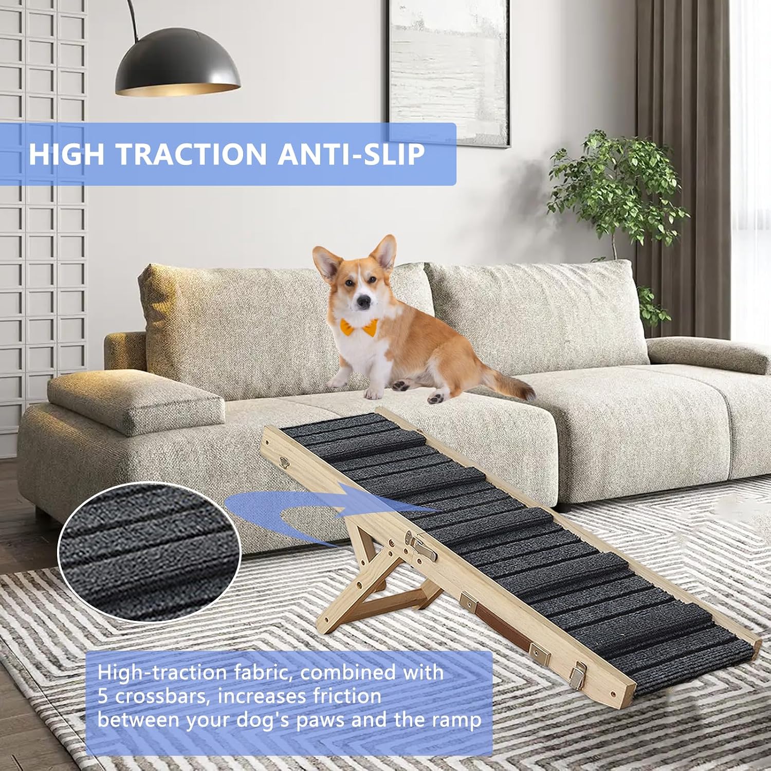 Detalle de Dog Ramp – Portable Folding Wooden Pet Ramp, Adjustable 9"–18.5" for Small to Medium Dogs