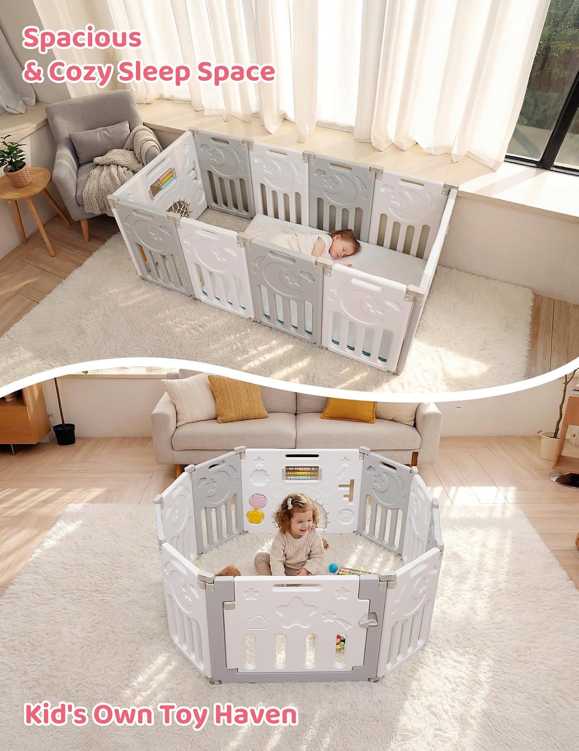 Detalle 2 de 10-Panel Foldable Baby Playpen, Adjustable PE Play Yard with Gate, Gray and White
