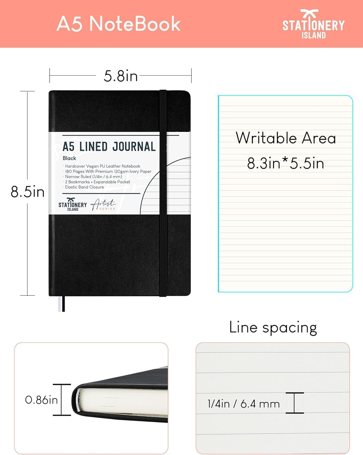 Detalle de STATIONERY ISLAND Notizbuch A5 Liniert – Hardcover, 180 Seiten, 120 g/m²