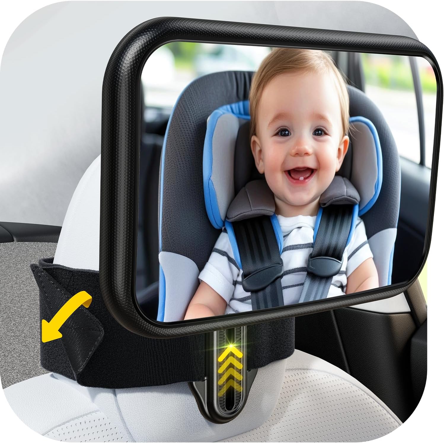 Shatterproof Fixed Headrest Car Mirror for Baby Rear Facing – 360° Wide-View Velcro Strap