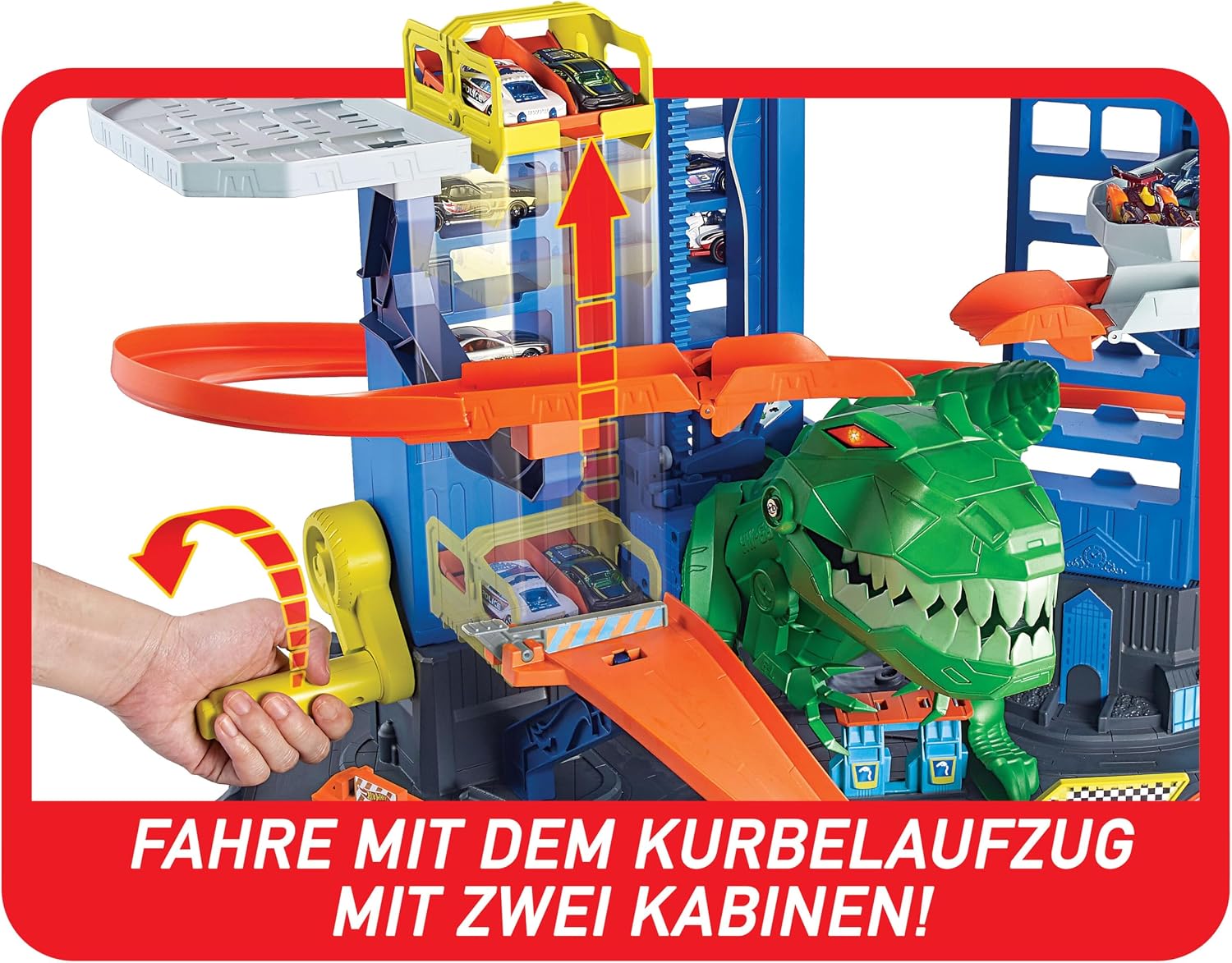 Thumbnail 2 de Hot Wheels Garage Parkgarage inkl. 2 Spielzeugautos – mehrstöckige Rennbahn mit Robo-T-Rex