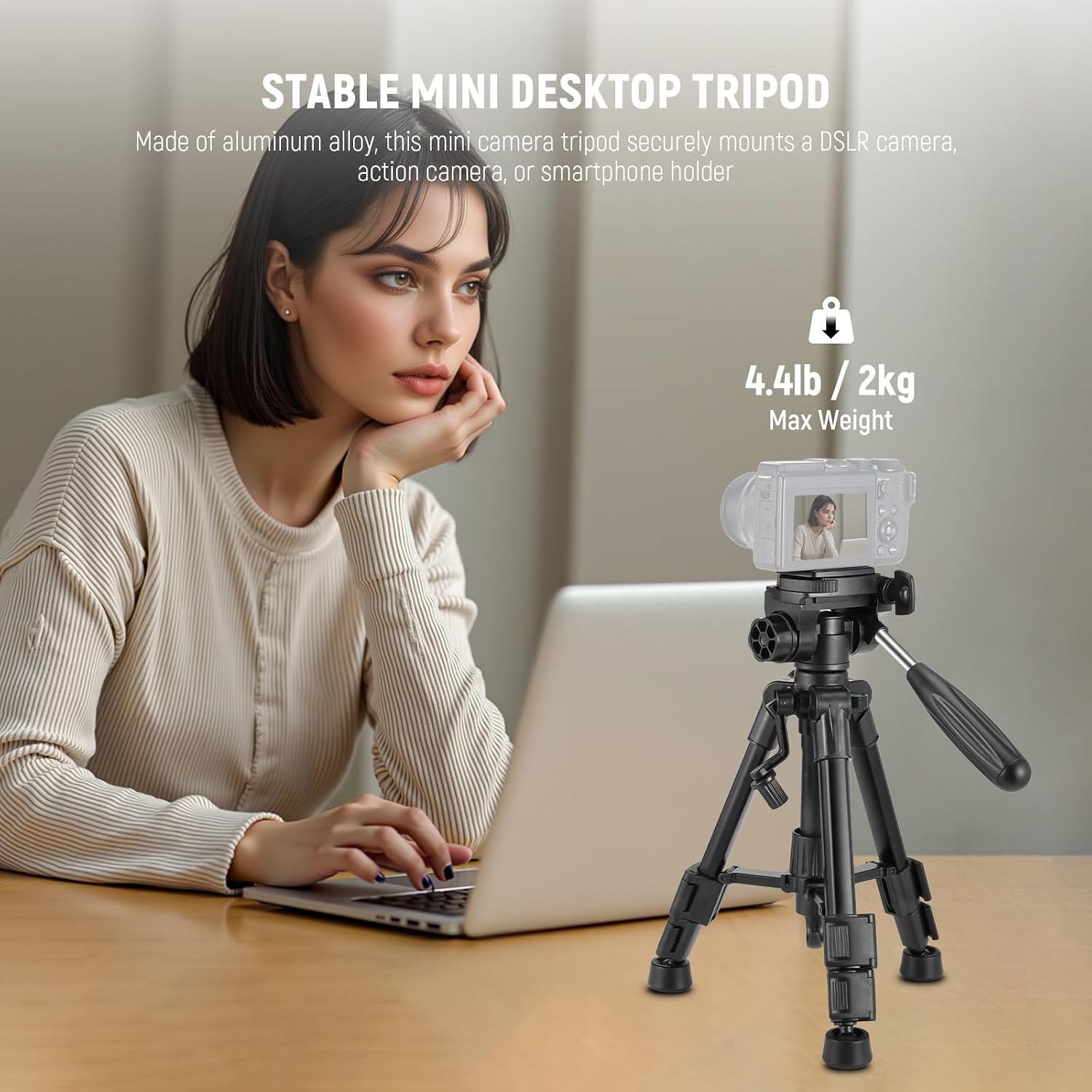 Detalle de NEEWER BASIC TP02 mini desk tripod with 3-way pan tilt head and handle