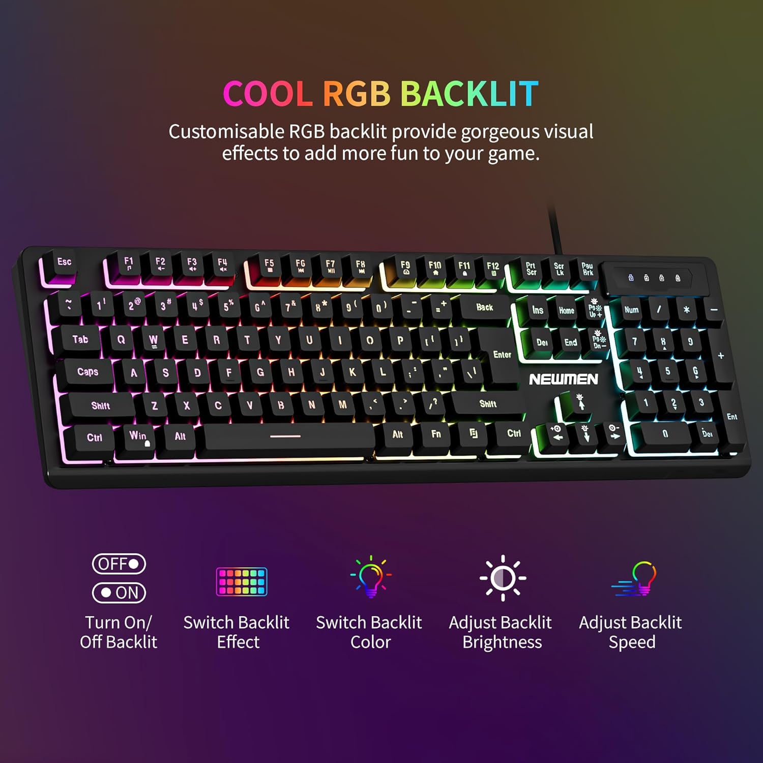 Detalle 2 de Newmen GM104 Wired Gaming Keyboard and Mouse Set (104-Key RGB, QWERTY, USB)