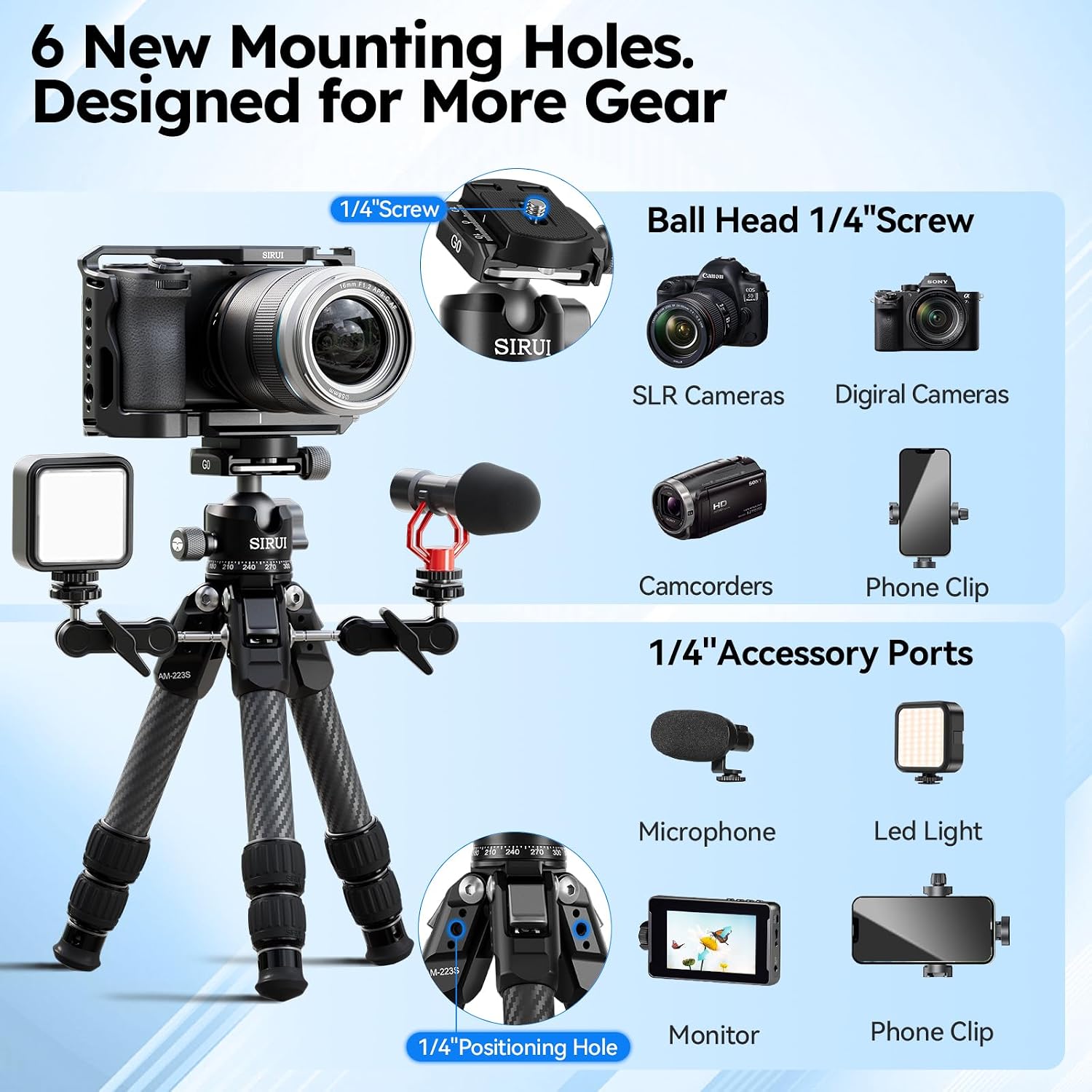 Detalle 2 de SIRUI AM-223S Carbon Mini-Stativ mit G0 Kugelkopf – ultraleichtes Tischstativ für DSLR, Systemkameras & Actioncams